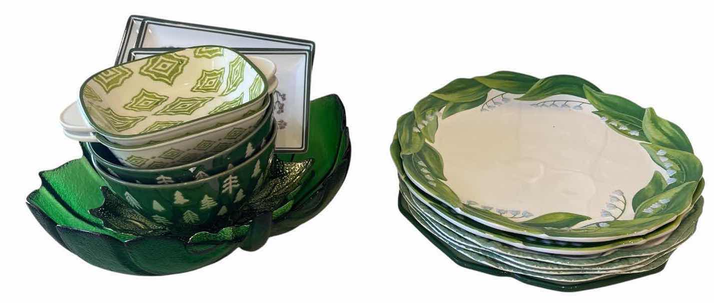 Photo 1 of (16)PCS GREEN BOTANICAL DINNERWARE & SERVINGWARE– PLATES, BOWLS, TRAYS & LEAF-SHAPED GLASS DISH D10.5”