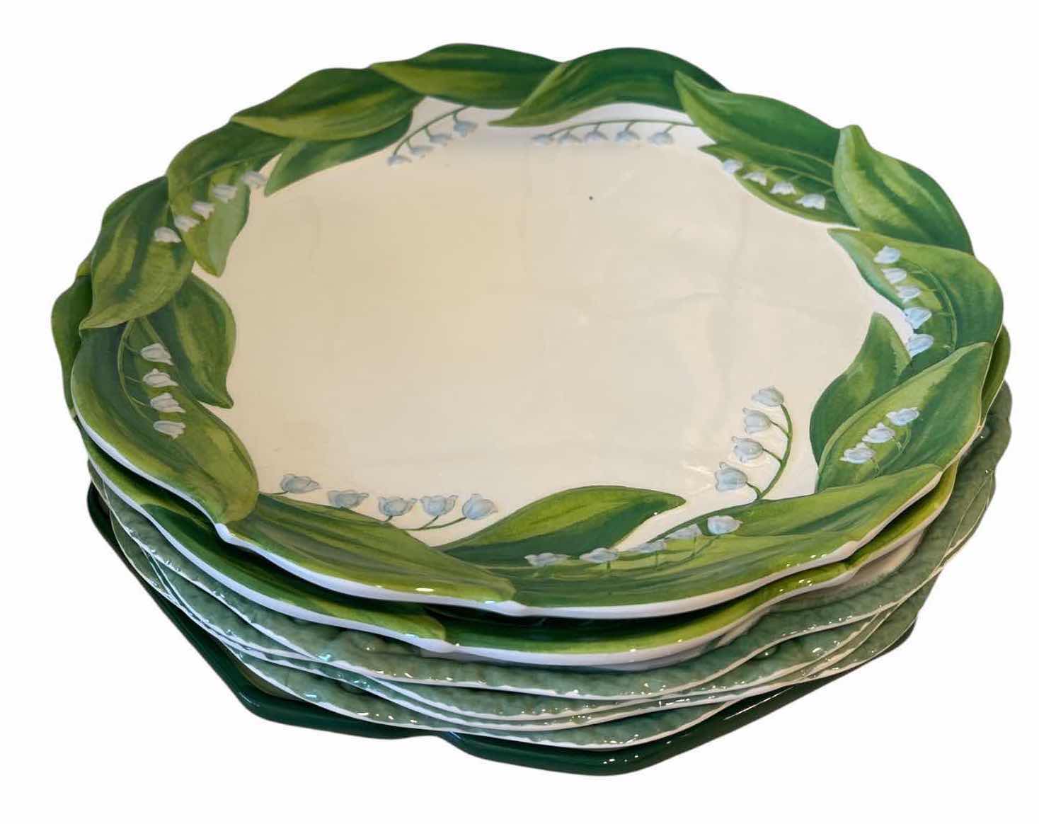 Photo 1 of (16)PCS GREEN BOTANICAL DINNERWARE & SERVINGWARE– PLATES, BOWLS, TRAYS & LEAF-SHAPED GLASS DISH D10.5”