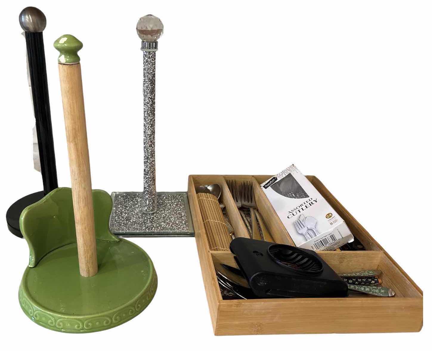 Photo 1 of KITCHEN ACCESSORIES LOT – RHINESTONE PAPER TOWEL HOLDER, FLATWARE, CUTLERY TRAY & UTENSILS H14”