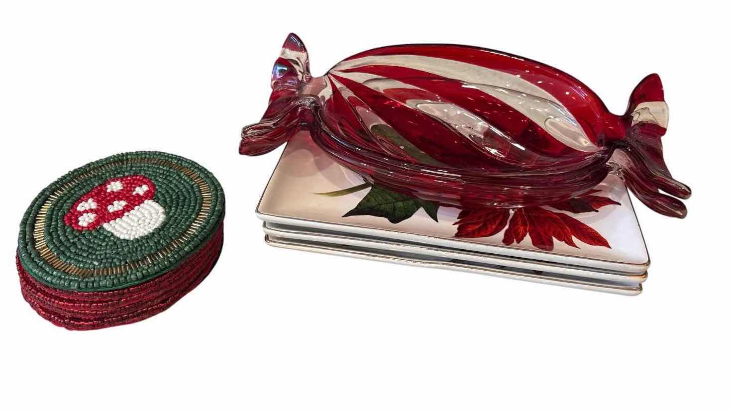 Photo 1 of (18)PCS CHRISTMAS HOLIDAY SERVINGWARE - RED GLASS PLATTERS, GOLD-TRIMMED BOWLS, POINSETTIA PLATES & BEADED COASTERS D8.5”