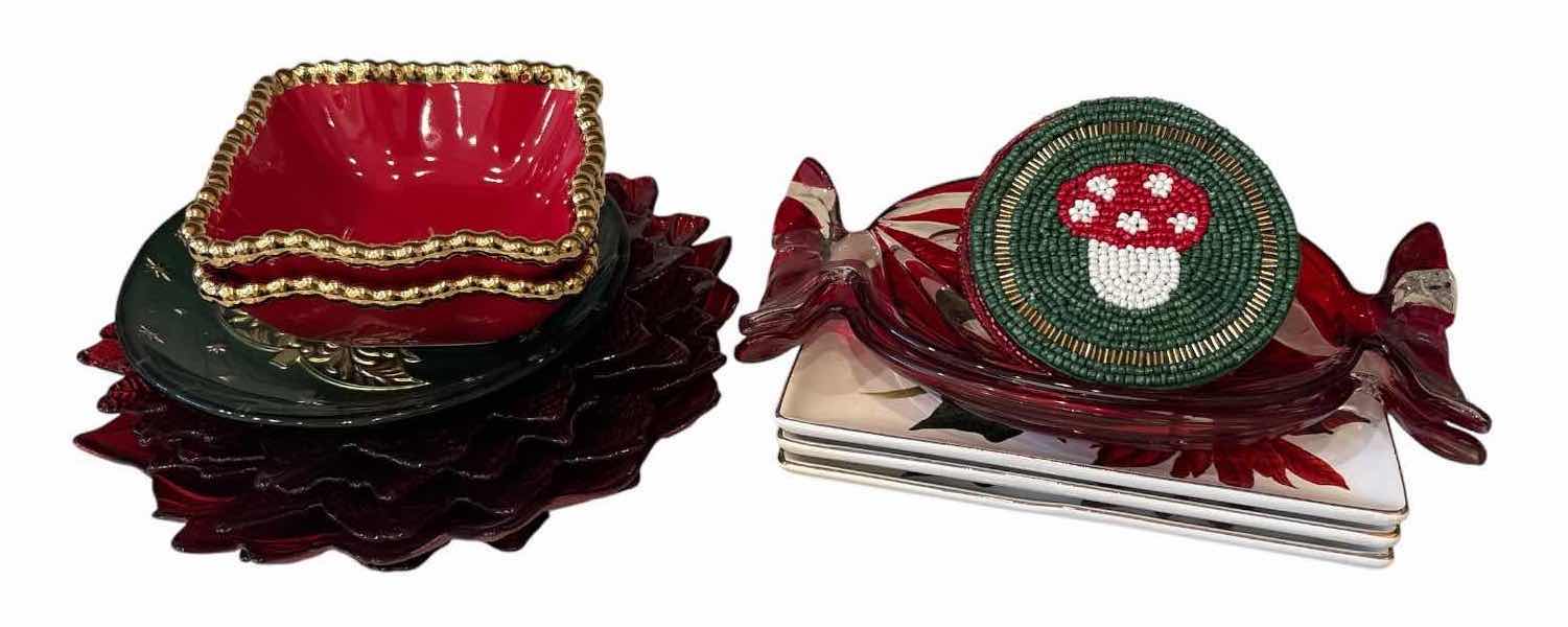Photo 1 of (18)PCS CHRISTMAS HOLIDAY SERVINGWARE - RED GLASS PLATTERS, GOLD-TRIMMED BOWLS, POINSETTIA PLATES & BEADED COASTERS D8.5”
