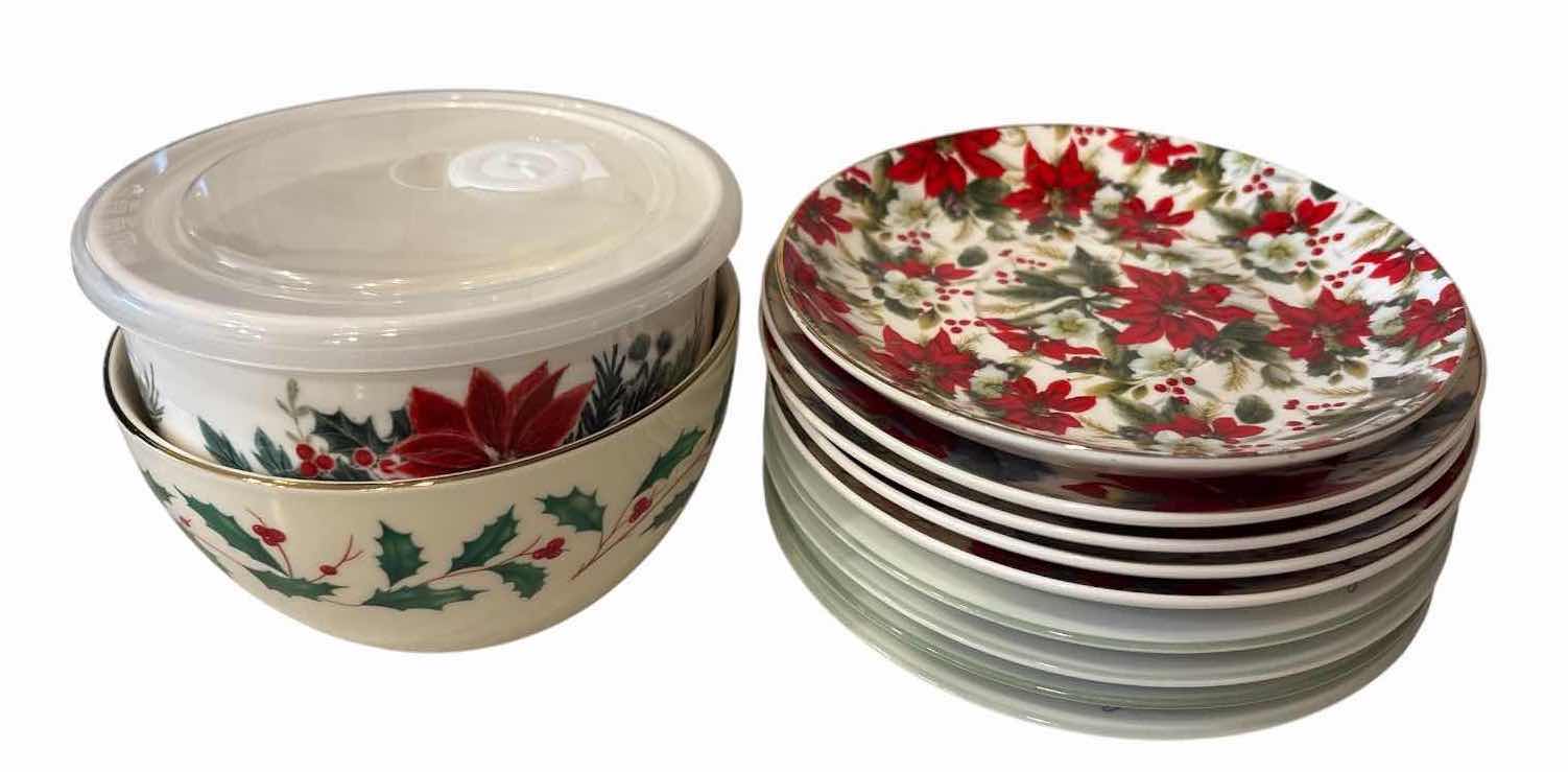 Photo 1 of (12)PCS CHRISTMAS DINNERWARE & SERVINGWARE- POINSETTIA, HOLLY & BERRY DESIGNS D9.5”