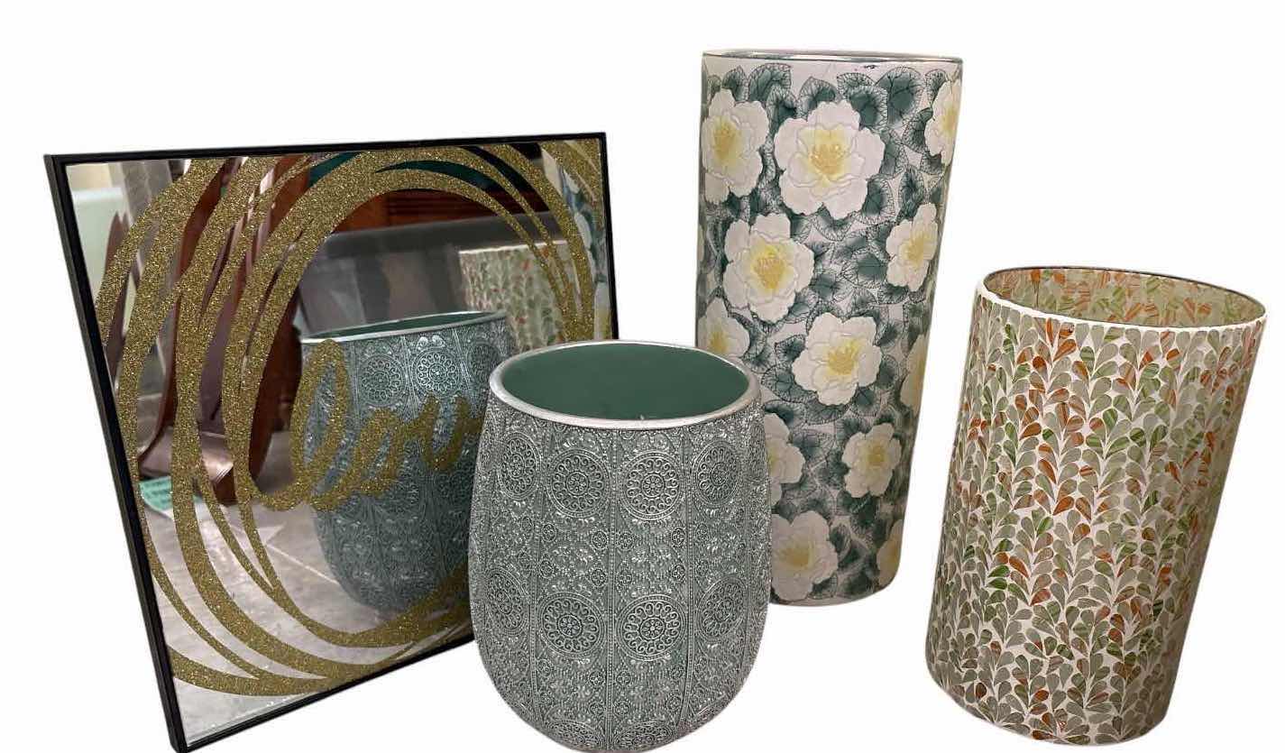 Photo 1 of (4)PCS HOME ACCENT– FLORAL & MOSAIC VASES WITH MIRRORED WALL ART H18”