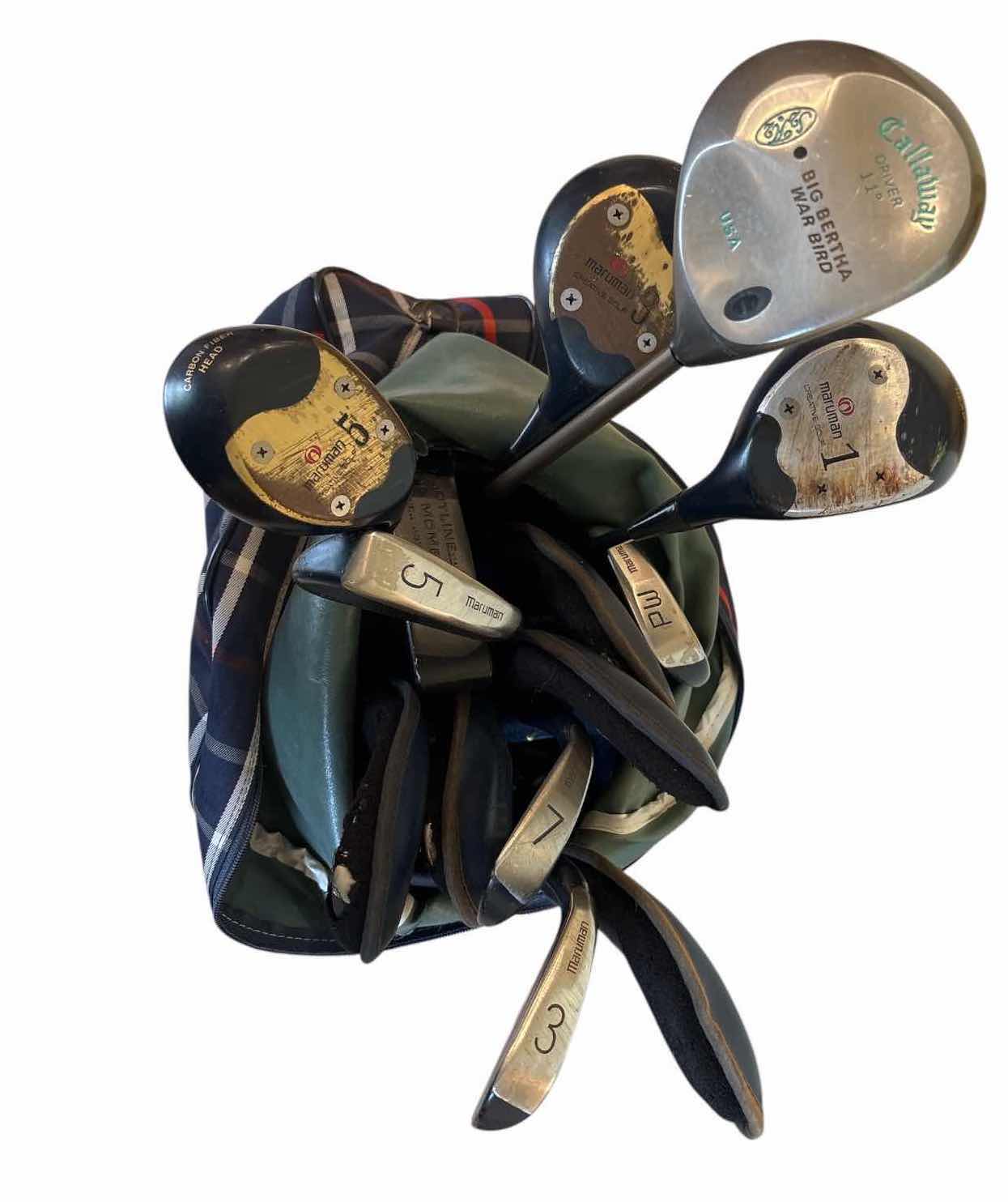 Photo 1 of MARUMAN & CALLAWAY ASSORTED GOLF CLUB SET WITH GREEN POWER CART BAG $175