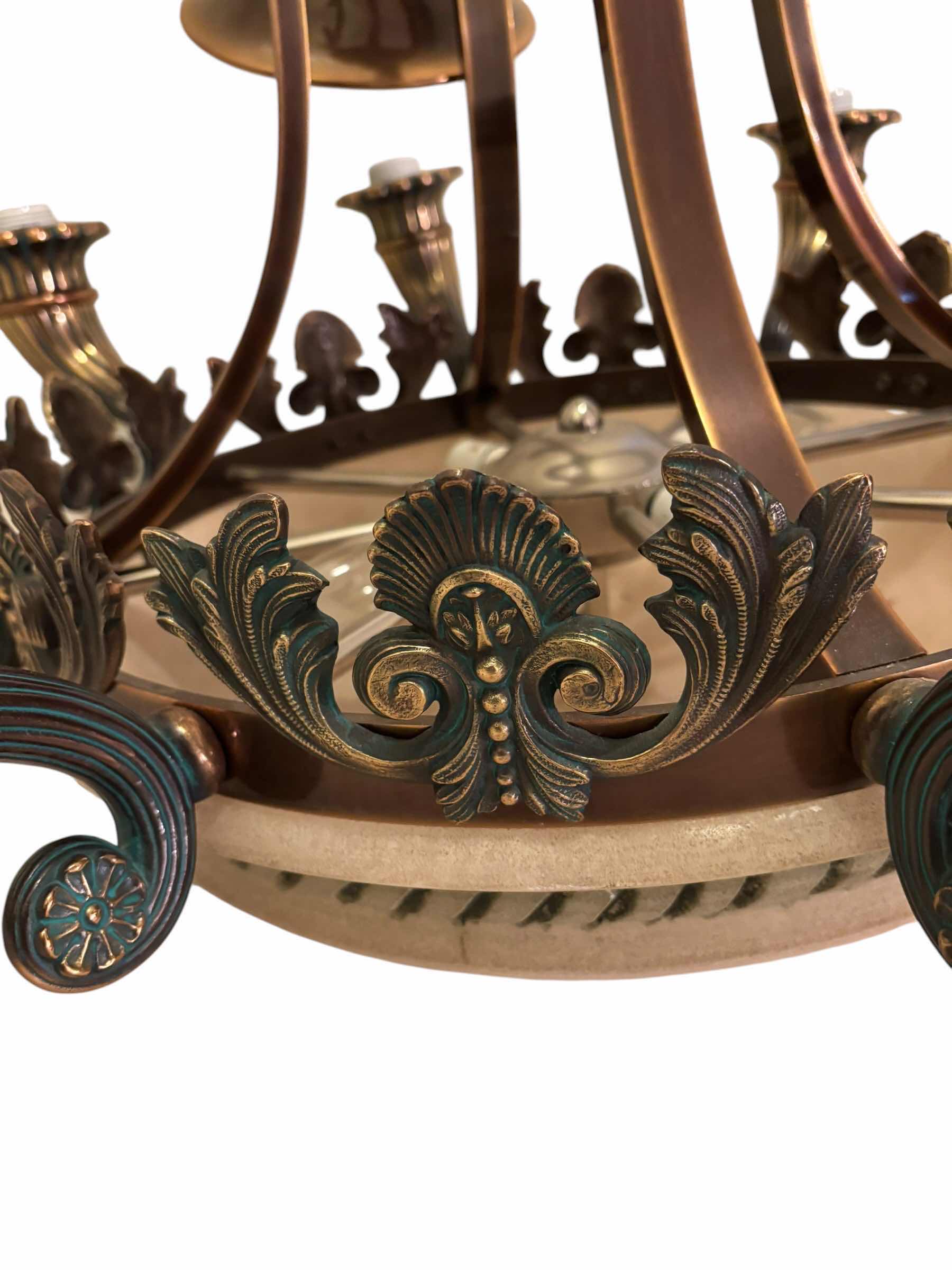 Photo 1 of ORNATE BRASS CHANDELIER 20”D OF LIGHT BOWL, 38” HANGING LENGTH WITH BOX OF SMALL LIGHT BOWLS & BULBS