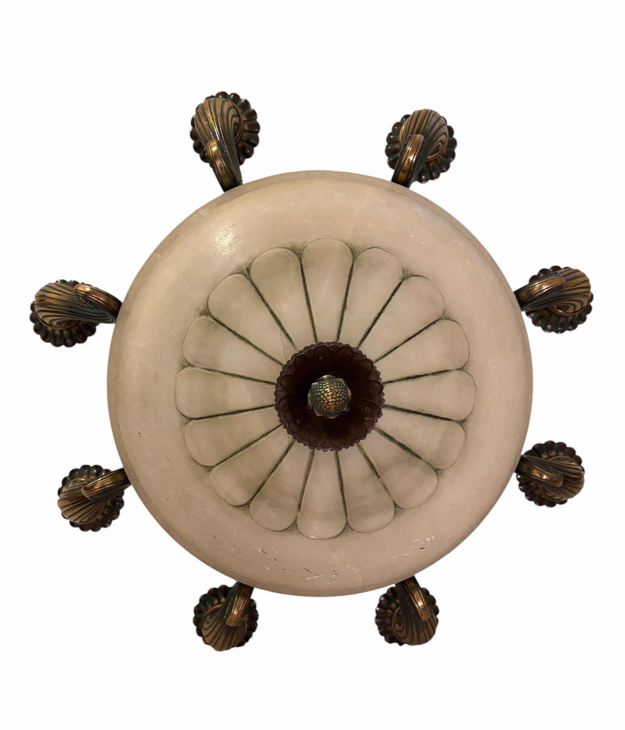 Photo 1 of ORNATE BRASS CHANDELIER 20”D OF LIGHT BOWL, 38” HANGING LENGTH WITH BOX OF SMALL LIGHT BOWLS & BULBS