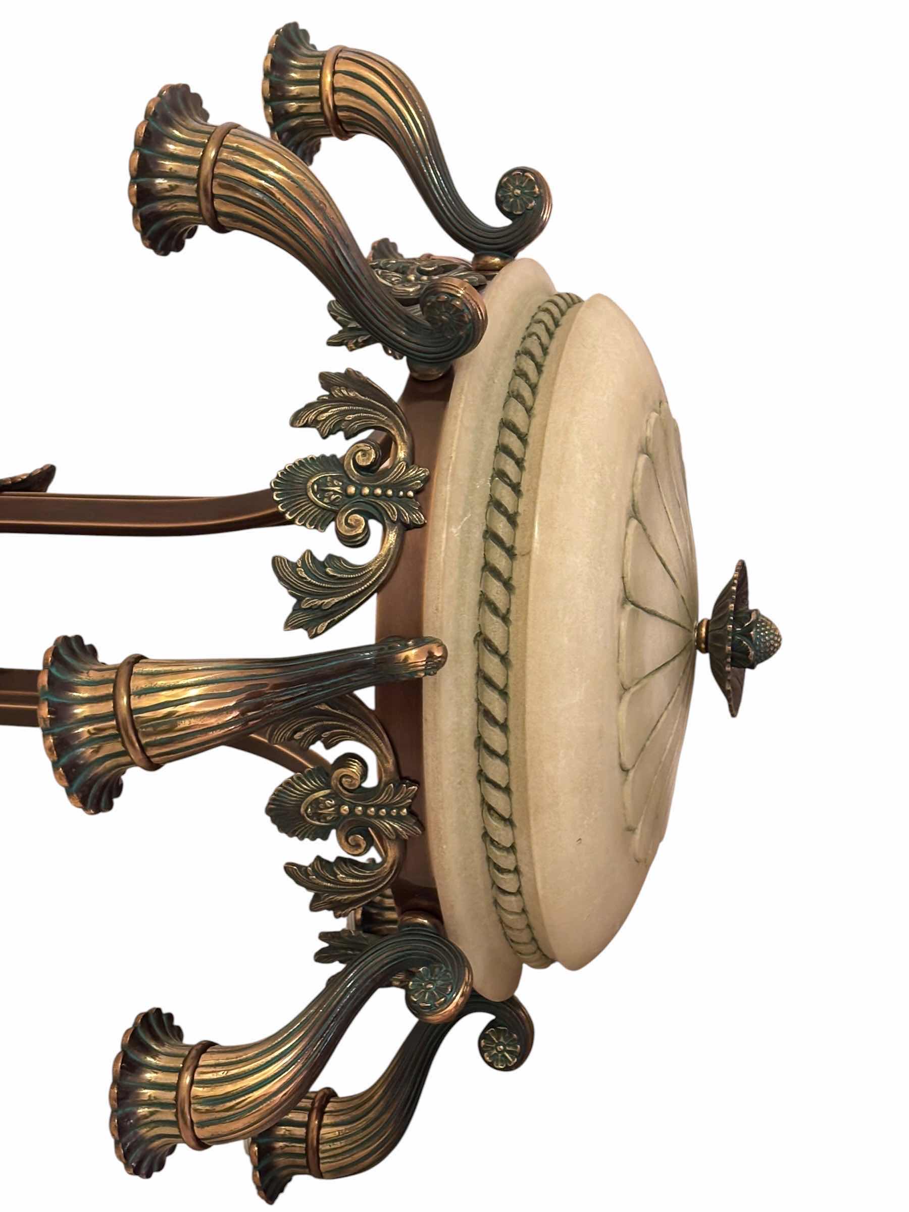 Photo 1 of ORNATE BRASS CHANDELIER 20”D OF LIGHT BOWL, 38” HANGING LENGTH WITH BOX OF SMALL LIGHT BOWLS & BULBS