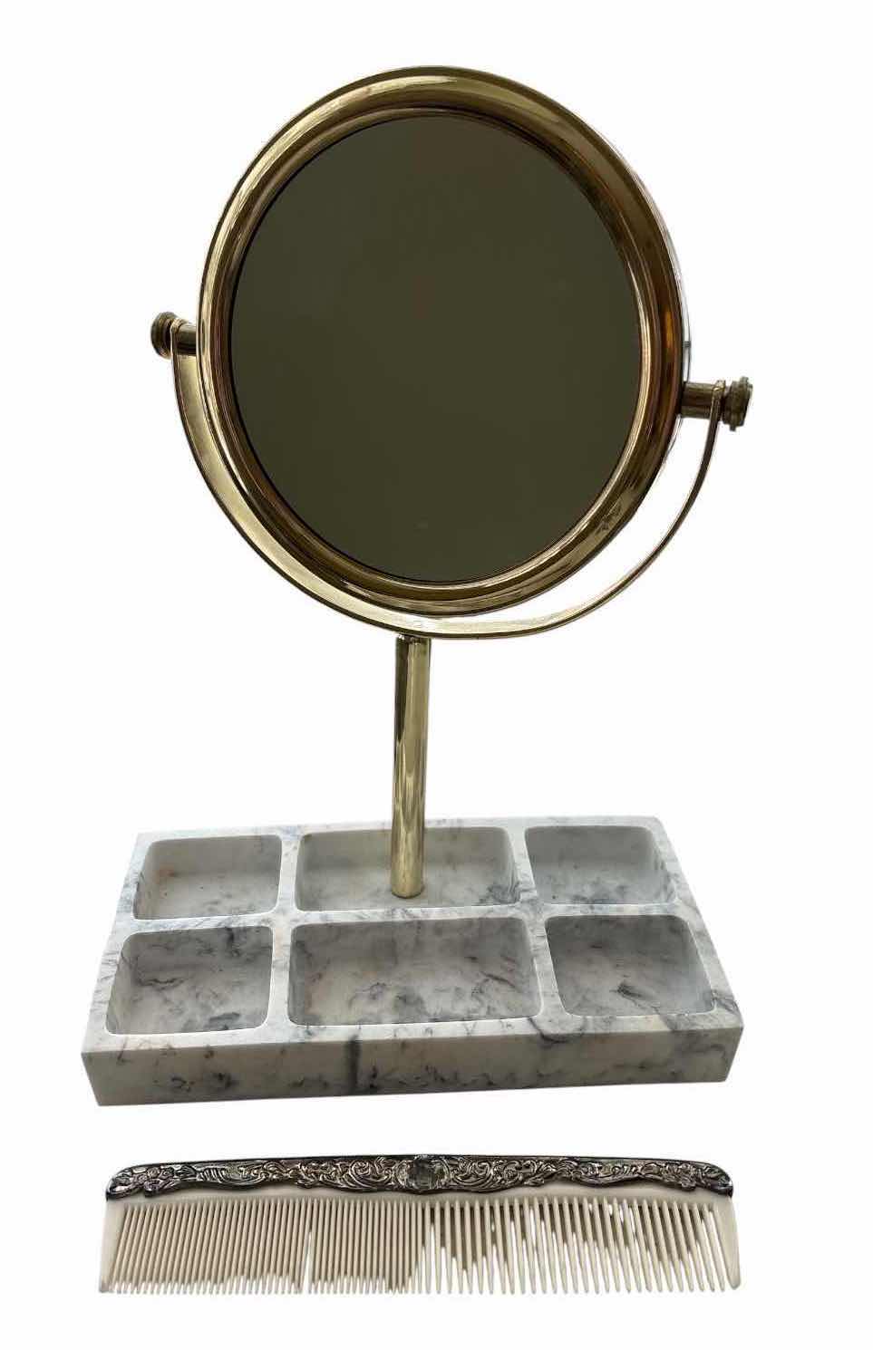 Photo 1 of (4)PCS VINTAGE VANITY ACCESSORIES LOT – FAUX MARBLE MIRROR, ORNATE COMB, BOW & DAISY DISH H11”