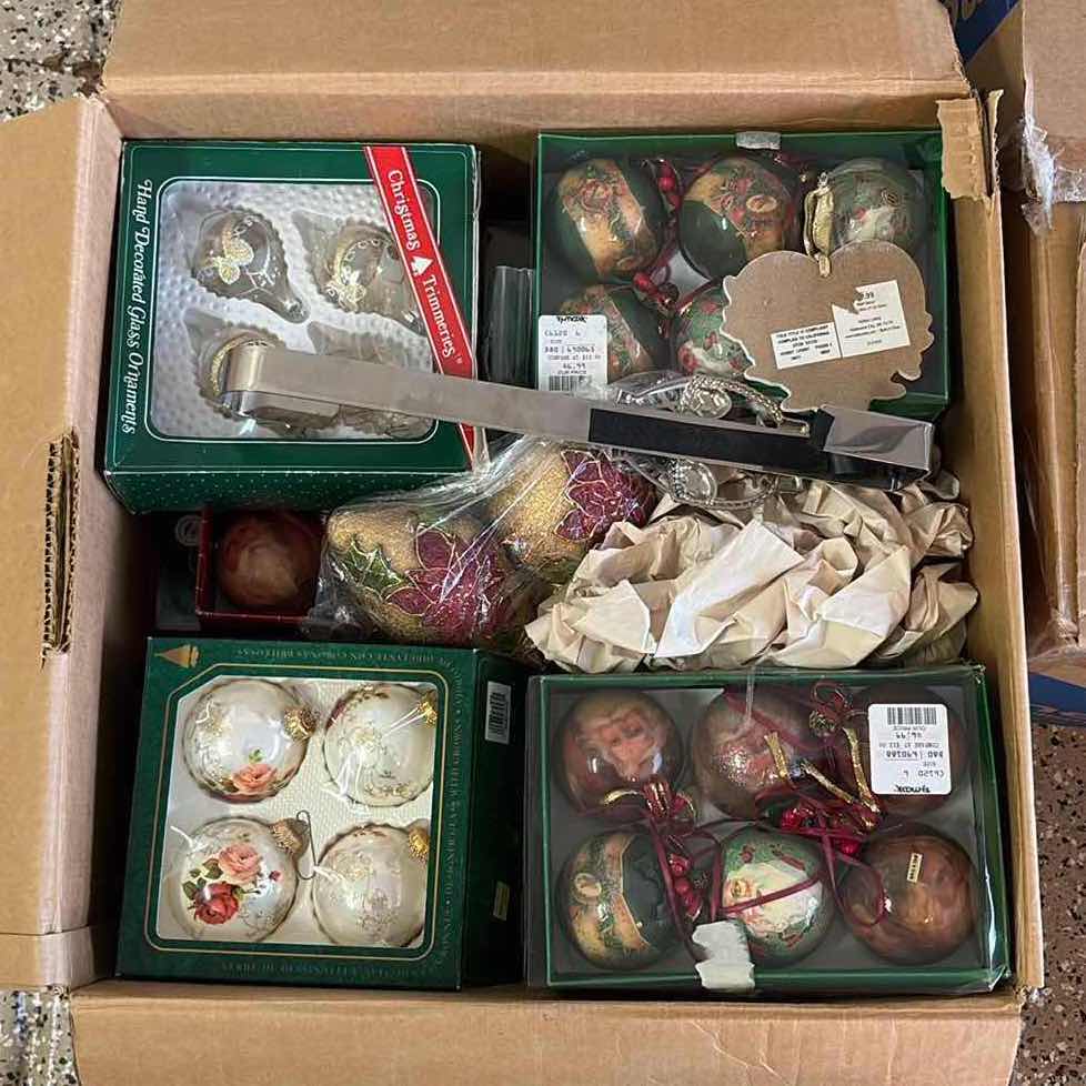 Photo 1 of BOX OF CHRISTMAS DECOR- ORNAMENTS, TREEE TOPPER & MORE