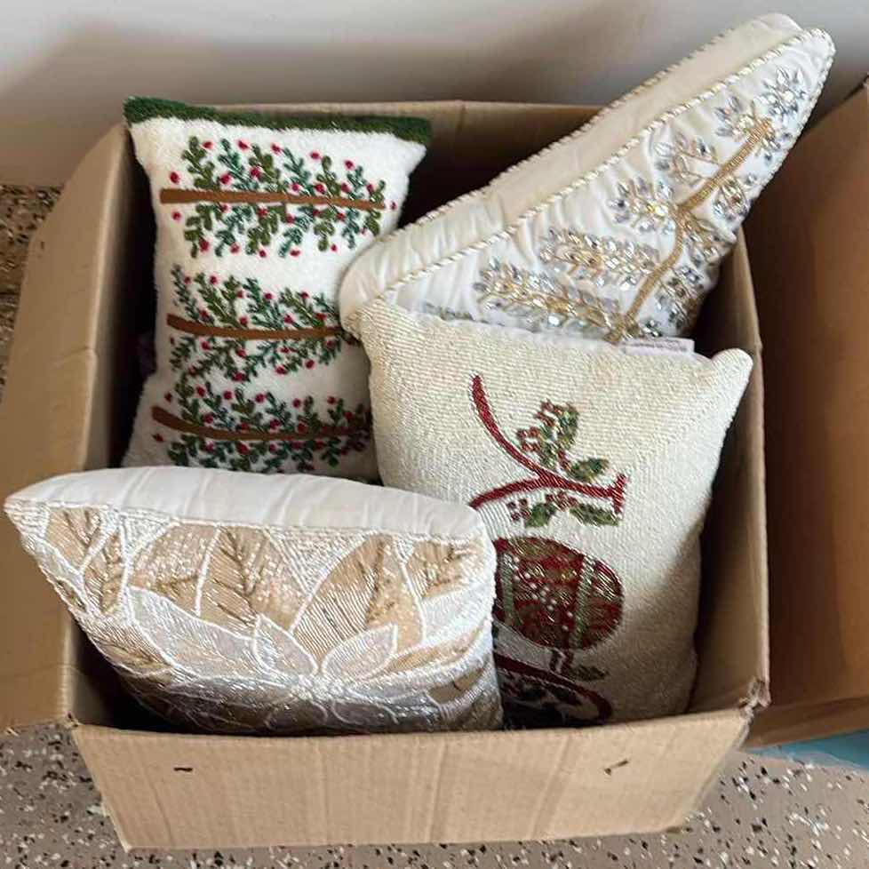 Photo 1 of BOX OF CHRISTMAS DECORATIONS-ACCENT PILLOWS AND MORE