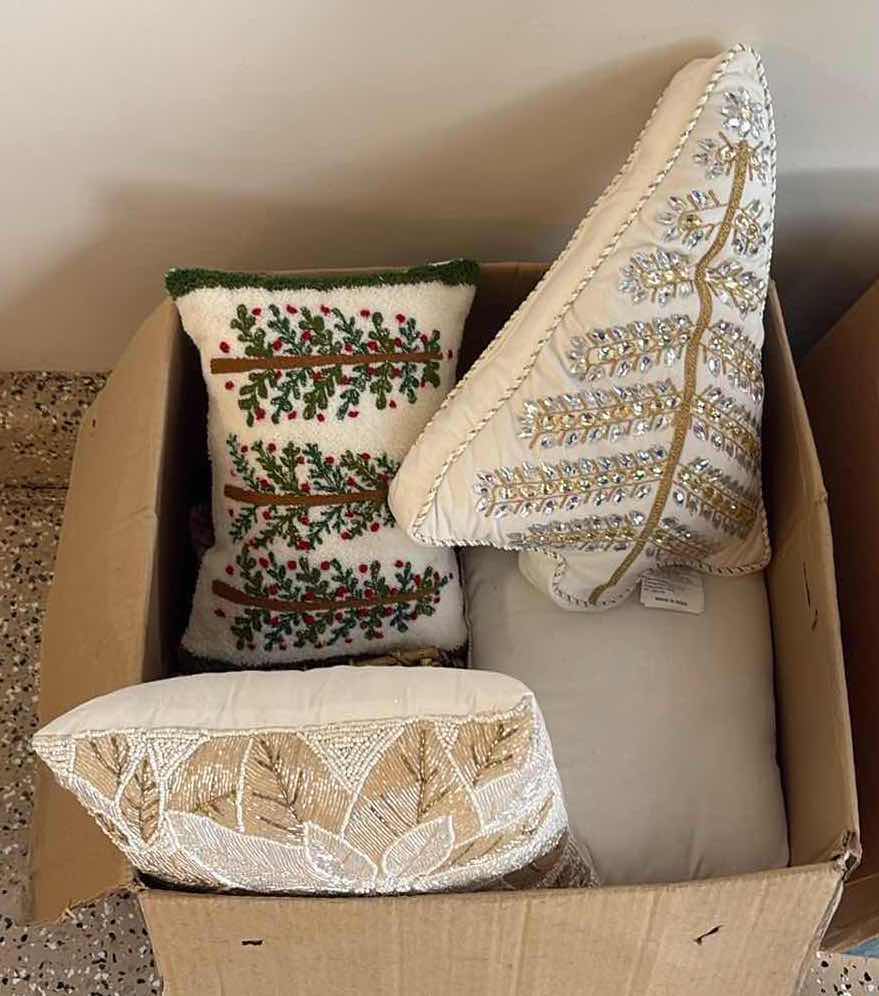 Photo 1 of BOX OF CHRISTMAS DECORATIONS-ACCENT PILLOWS AND MORE