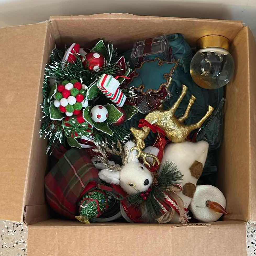 Photo 1 of BOX OF CHRISTMAS DECORATIONS-REINDEER, SNOW-GLOBE & MORE