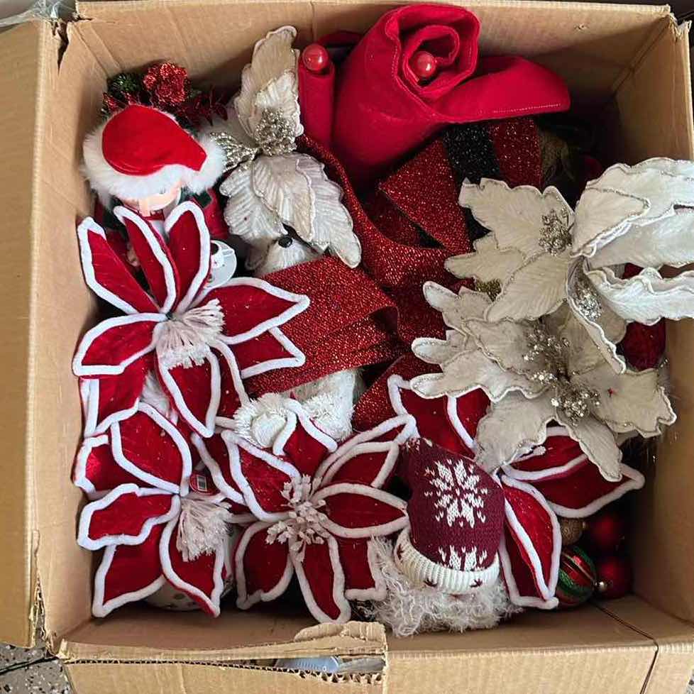 Photo 1 of BOX OF CHRISTMAS DECORATIONS- POINSETTIAS, FAUX GARLAND & MORE