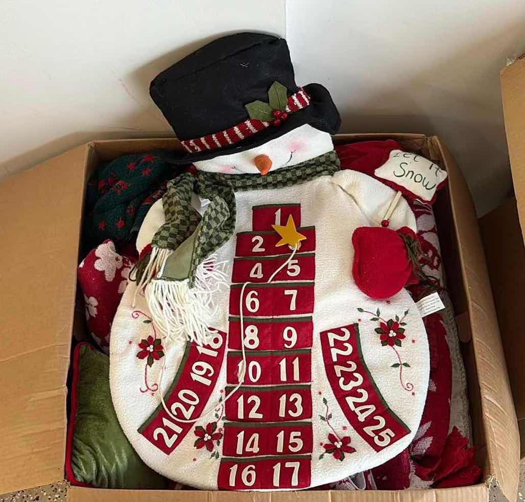 Photo 1 of LARGE BOX OF CHRISTMAS DECORATIONS- SNOWMAN ADVENT CALENDAR, ACCENT PILLOWS & MORE
