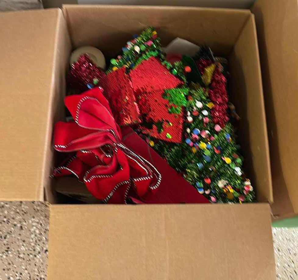 Photo 1 of BOX OF CHRISTMAS DECORATIONS- CANDLE HOLDER, SMALL ACCENT TREE & MORE