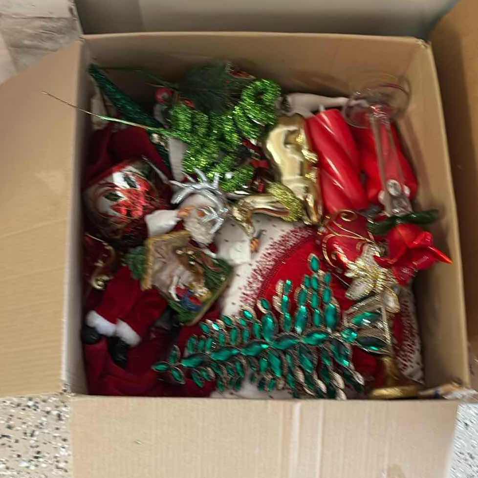 Photo 1 of BOX OF CHRISTMAS DECORATIONS- ACCENT PILLOW, SANTA & MORE