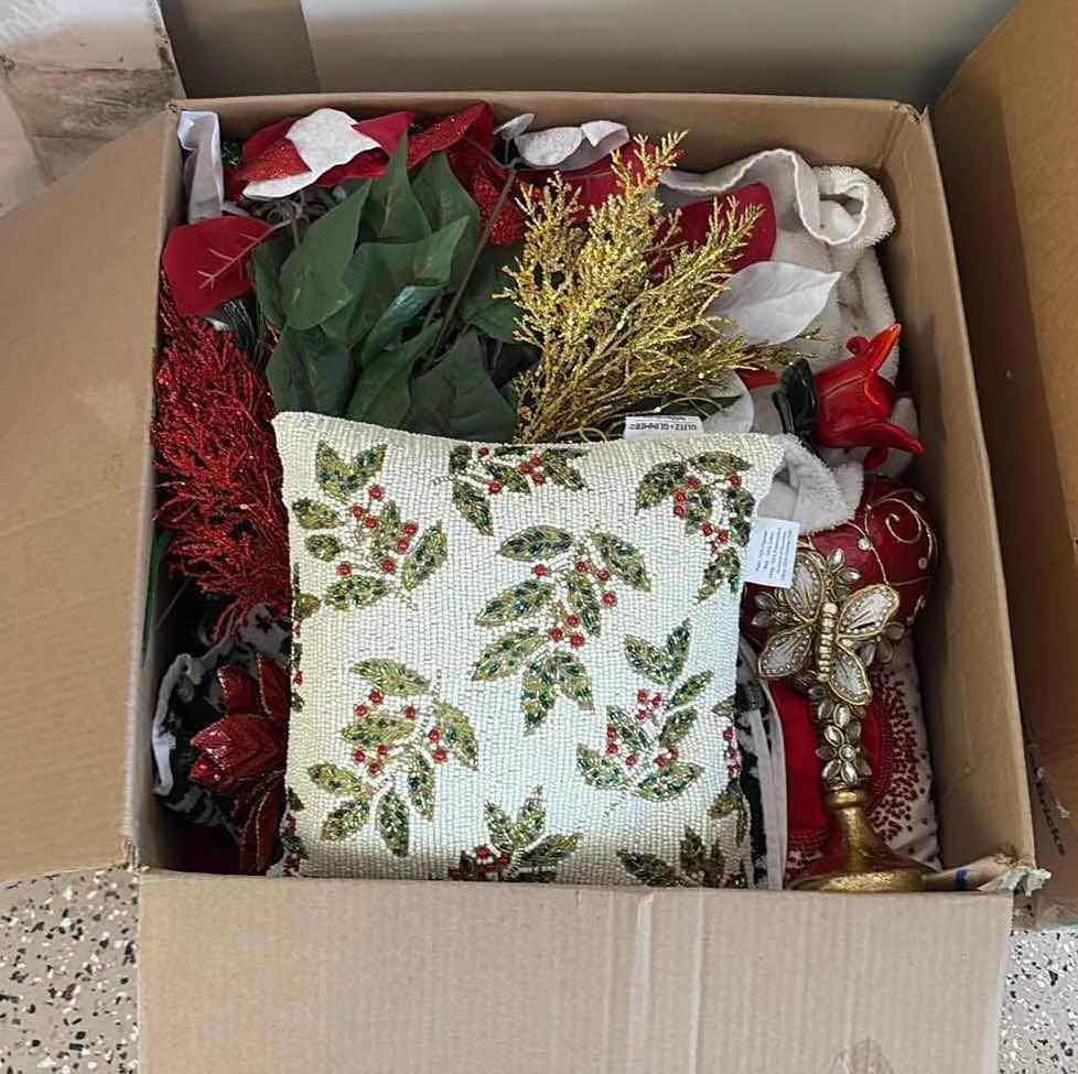 Photo 1 of BOX OF CHRISTMAS DECORATIONS- ACCENT PILLOW, SANTA & MORE