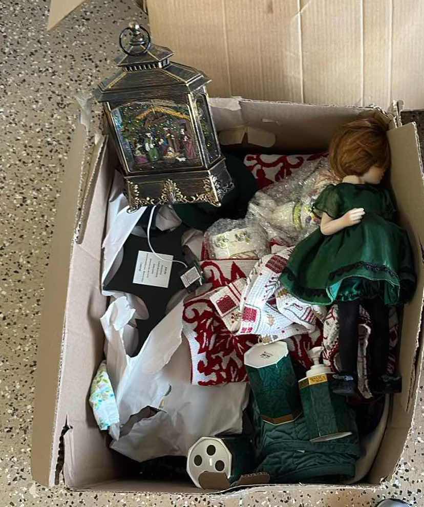 Photo 1 of BOX OF CHRISTMAS- NATIVITY SCENE, PORCELAIN DOLL & MORE