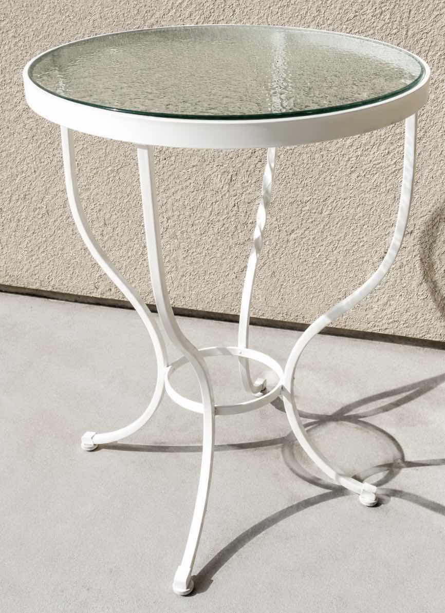 Photo 1 of VINTAGE WHITE WROUGHT IRON AND GLASS TOP SIDE TABLE 18” X H24”