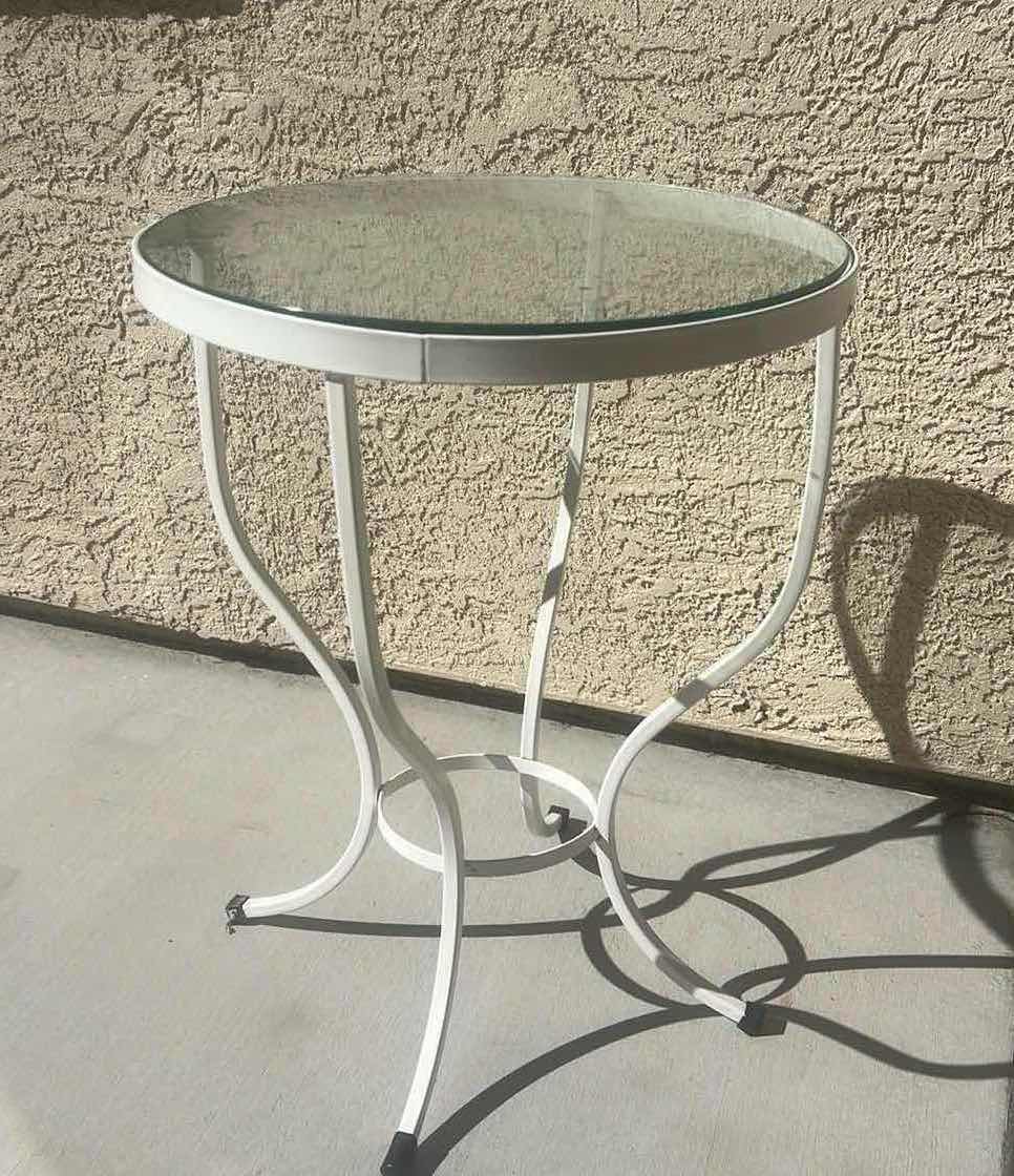 Photo 1 of VINTAGE WHITE WROUGHT IRON AND GLASS TOP SIDE TABLE 18” X H24”