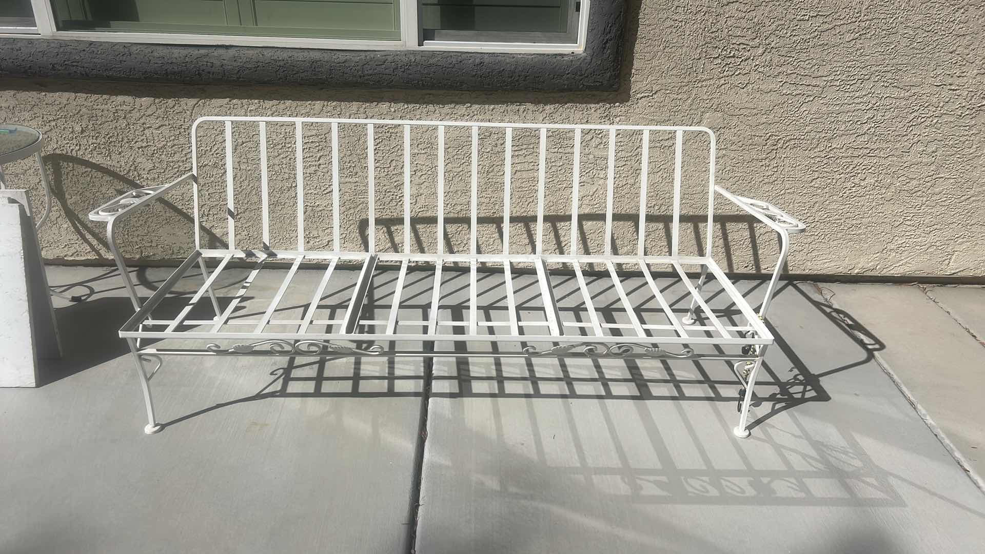 Photo 1 of VINTAGE WOODARD WROUGHT IRON PATIO SOFA WHITE FINISH SCROLLWORK ON THE ARMRESTS & WOOD INSERTS CUSHIONS 73" X 24 " H29"