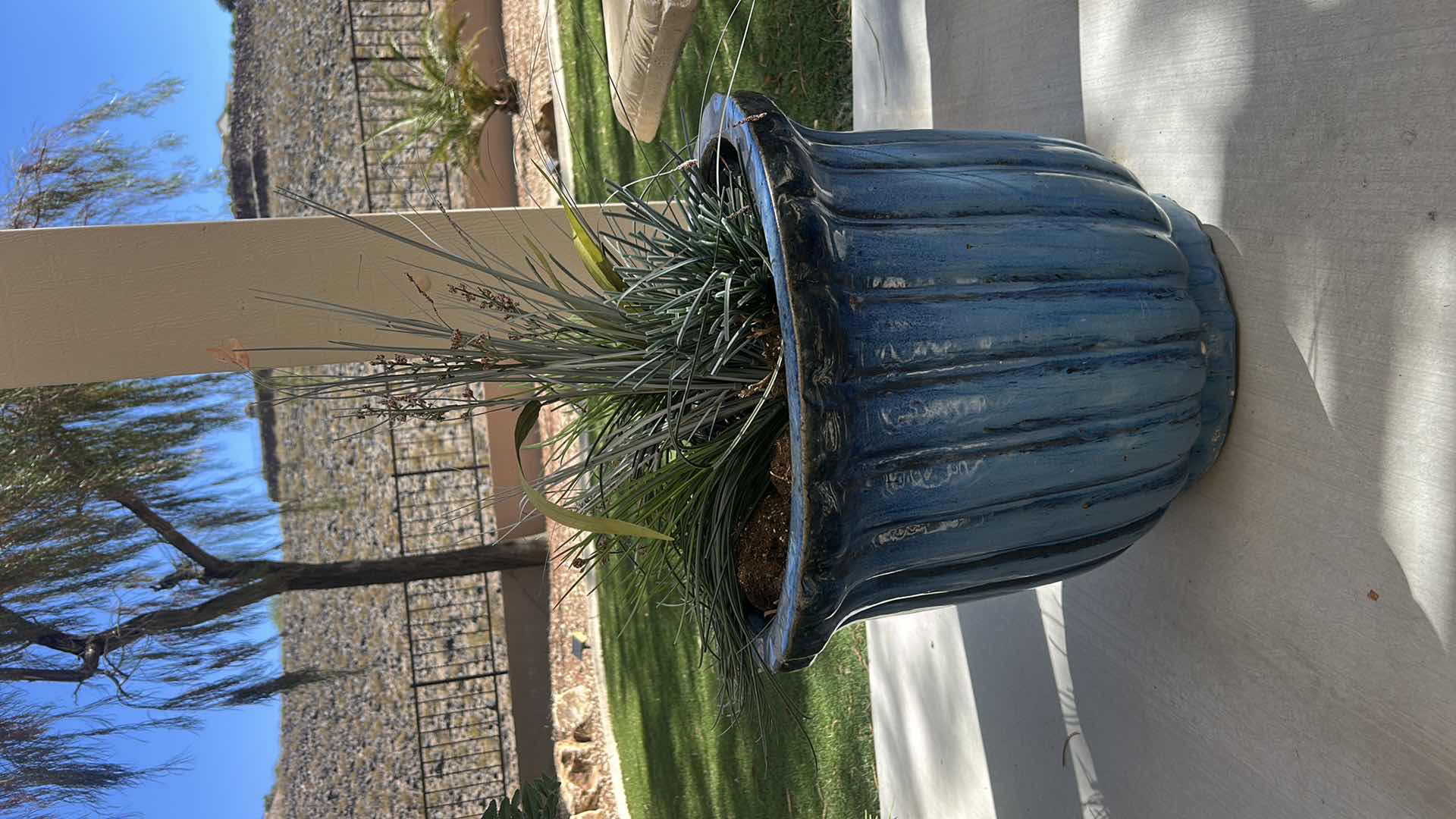 View 2 of BLUE FLUTED CERAMIC PLANTER 20 1/2” x H15 1/2 WITH FAUX GREENERY