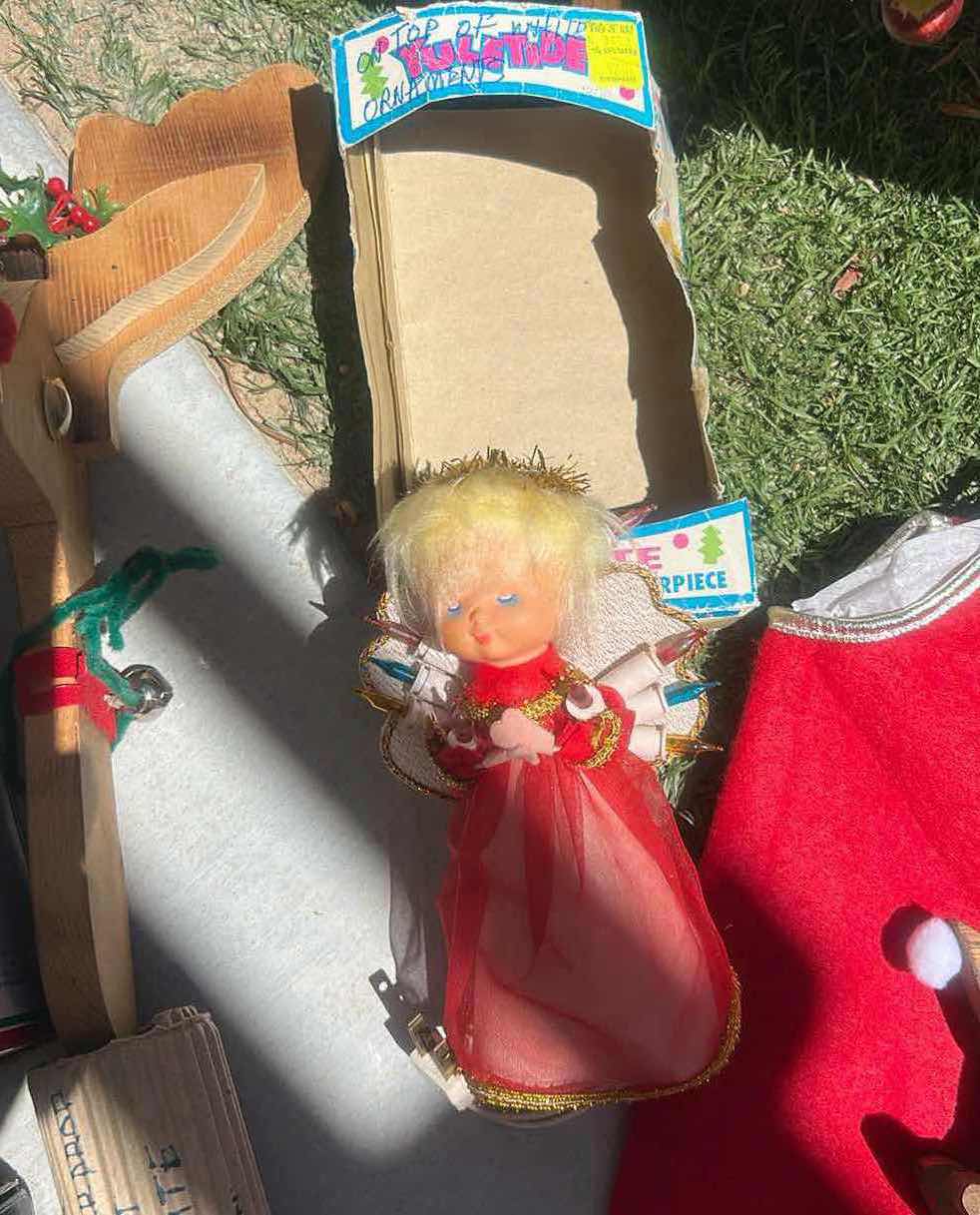 Photo 1 of VINTAGE CHRISTMAS DECOR INCLUDING VINTAGE YULETIDE ENTERPRISES LIGHTED ANGEL TREE TOPPER FROM THE 1960S