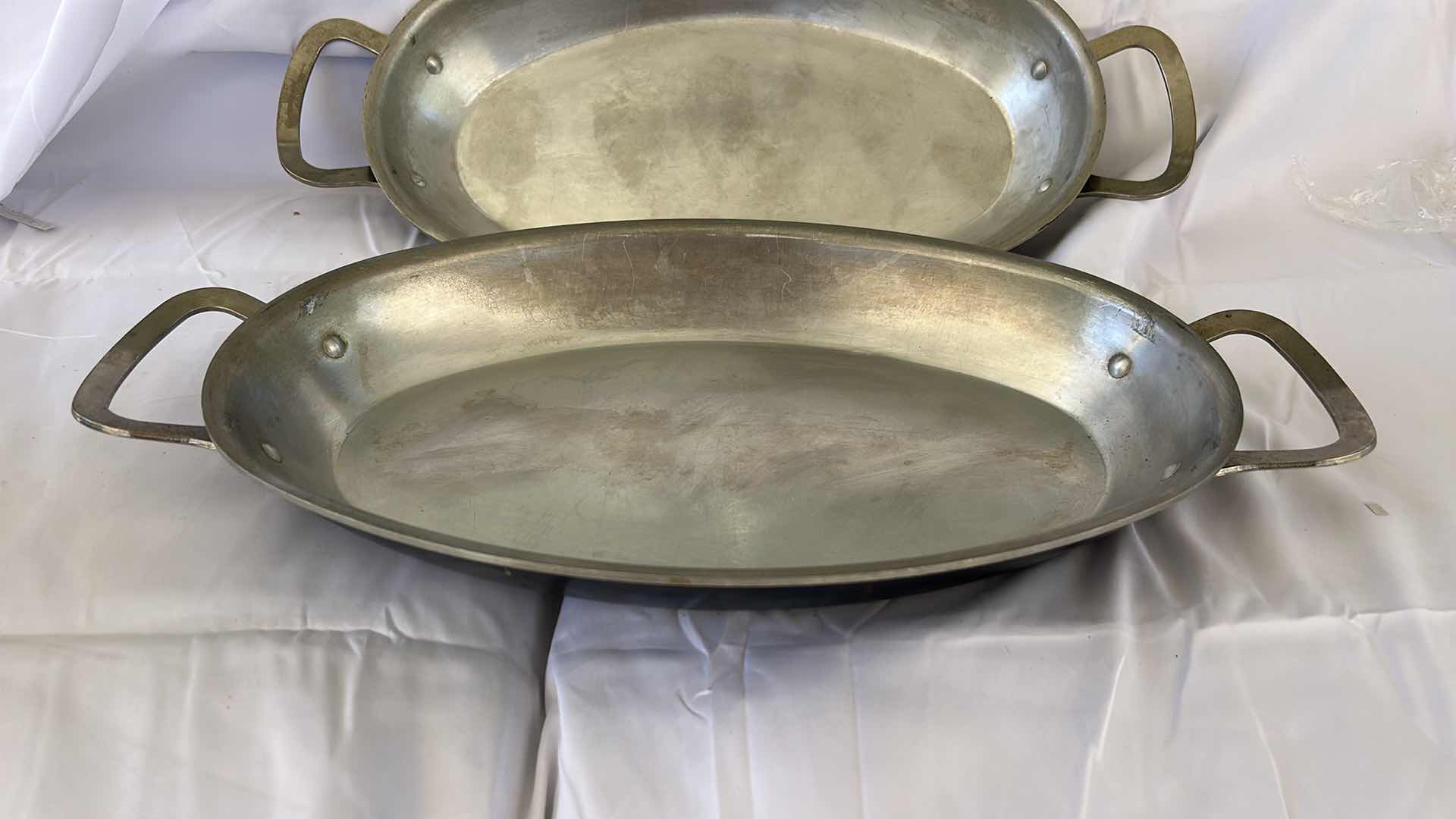Photo 1 of VINTAGE HAND-WROUGHT ALUMINUM SERVING PIECES (LARGEST 15”)