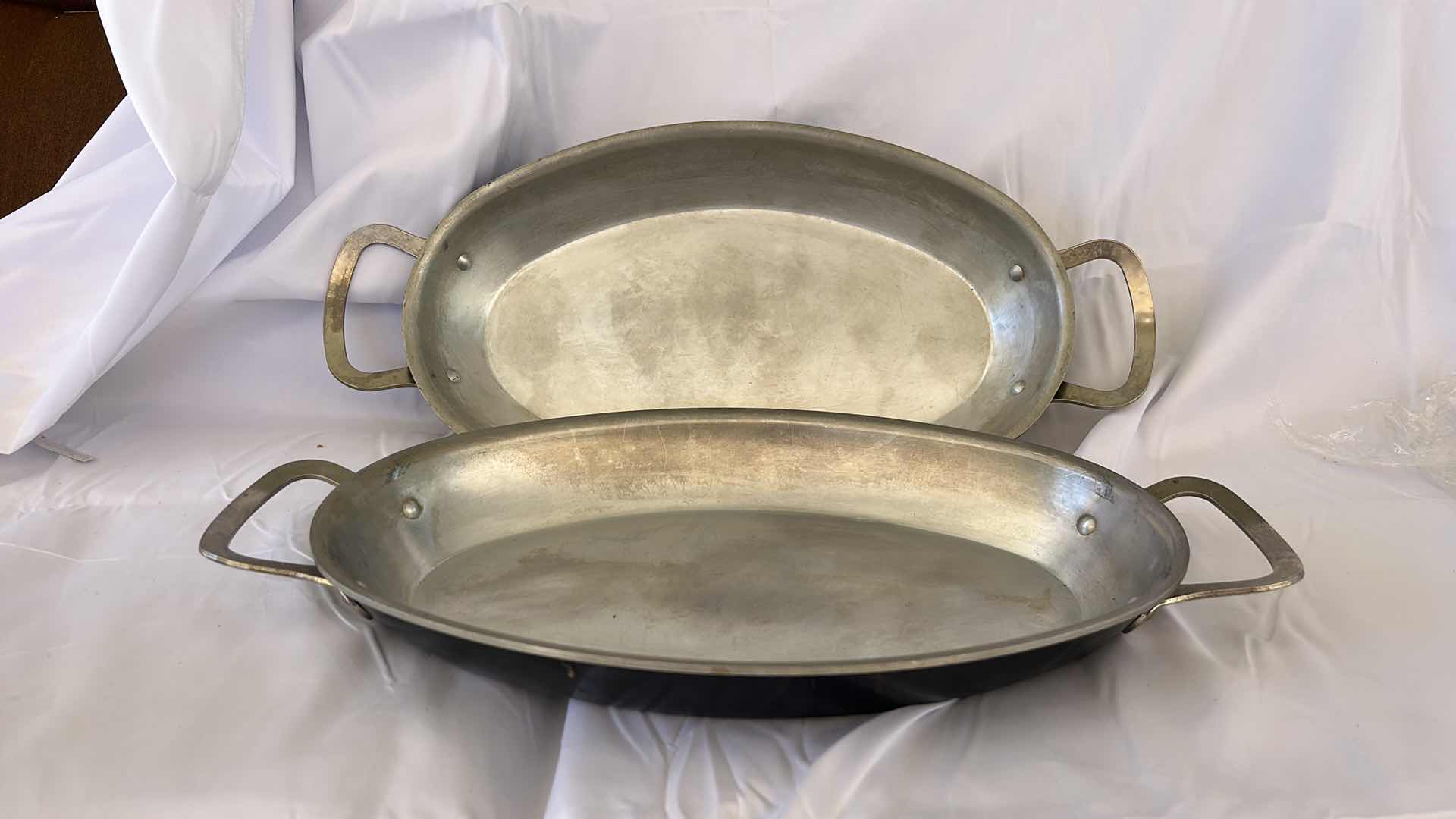 Photo 1 of VINTAGE HAND-WROUGHT ALUMINUM SERVING PIECES (LARGEST 15”)