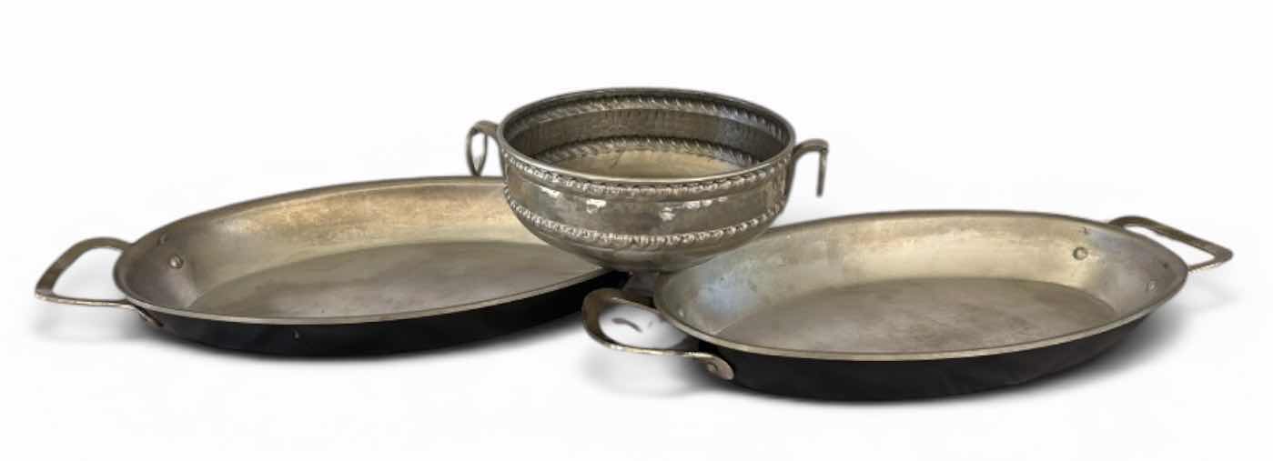 Photo 1 of VINTAGE HAND-WROUGHT ALUMINUM SERVING PIECES (LARGEST 15”)