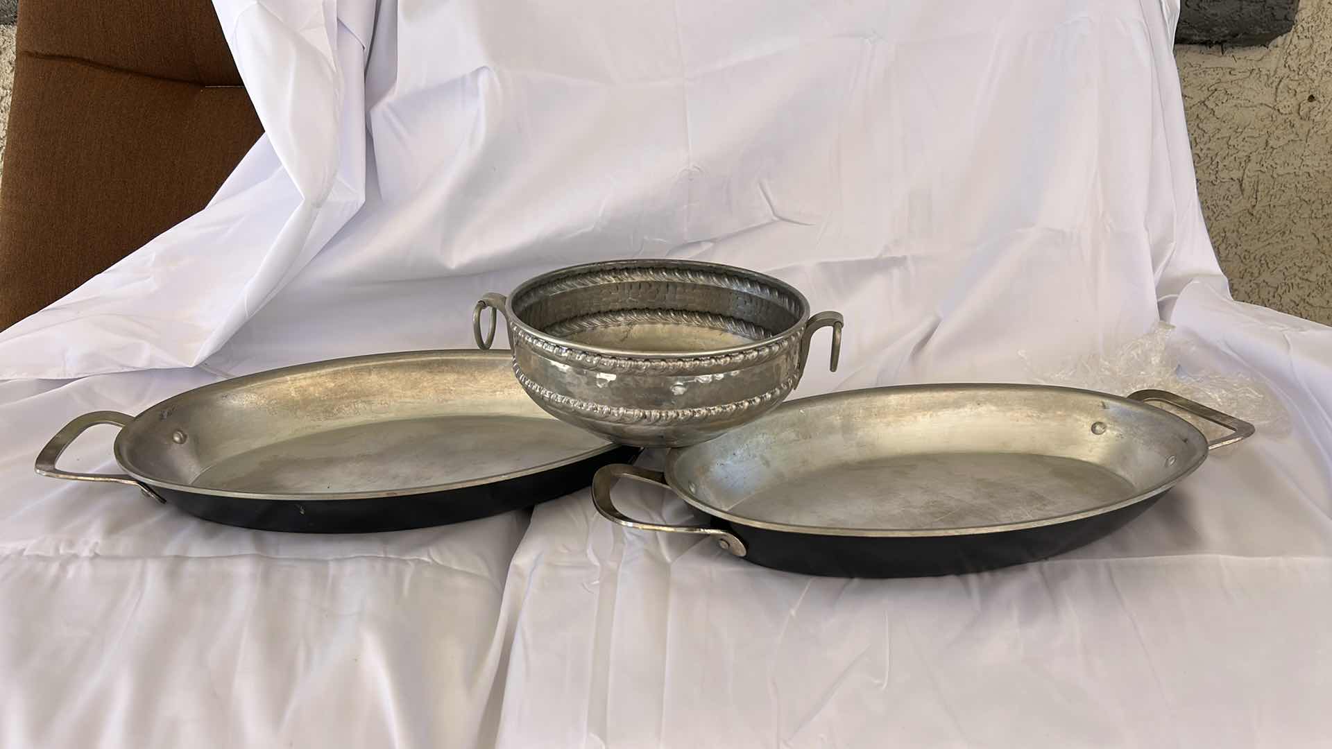 Photo 1 of VINTAGE HAND-WROUGHT ALUMINUM SERVING PIECES (LARGEST 15”)