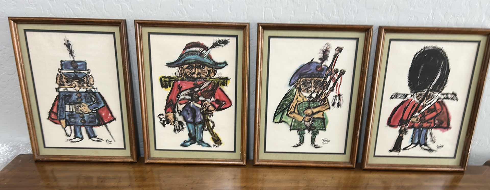 Photo 1 of FOUR FRAMED VINTAGE 1970S MILITARY CARICATURE PRINTS BY INTERCRAFT INDUSTRIES CORP ARTIST BLATT, 13” x H17 1/2”