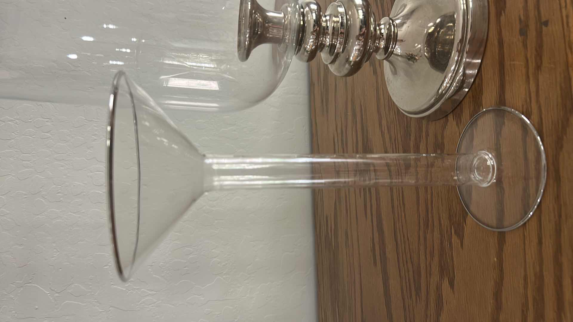 Photo 1 of HURRICANE CANDLE LAMP H21”AND TWO SILVER RIMMED GLASS CANDLE HOLDERS