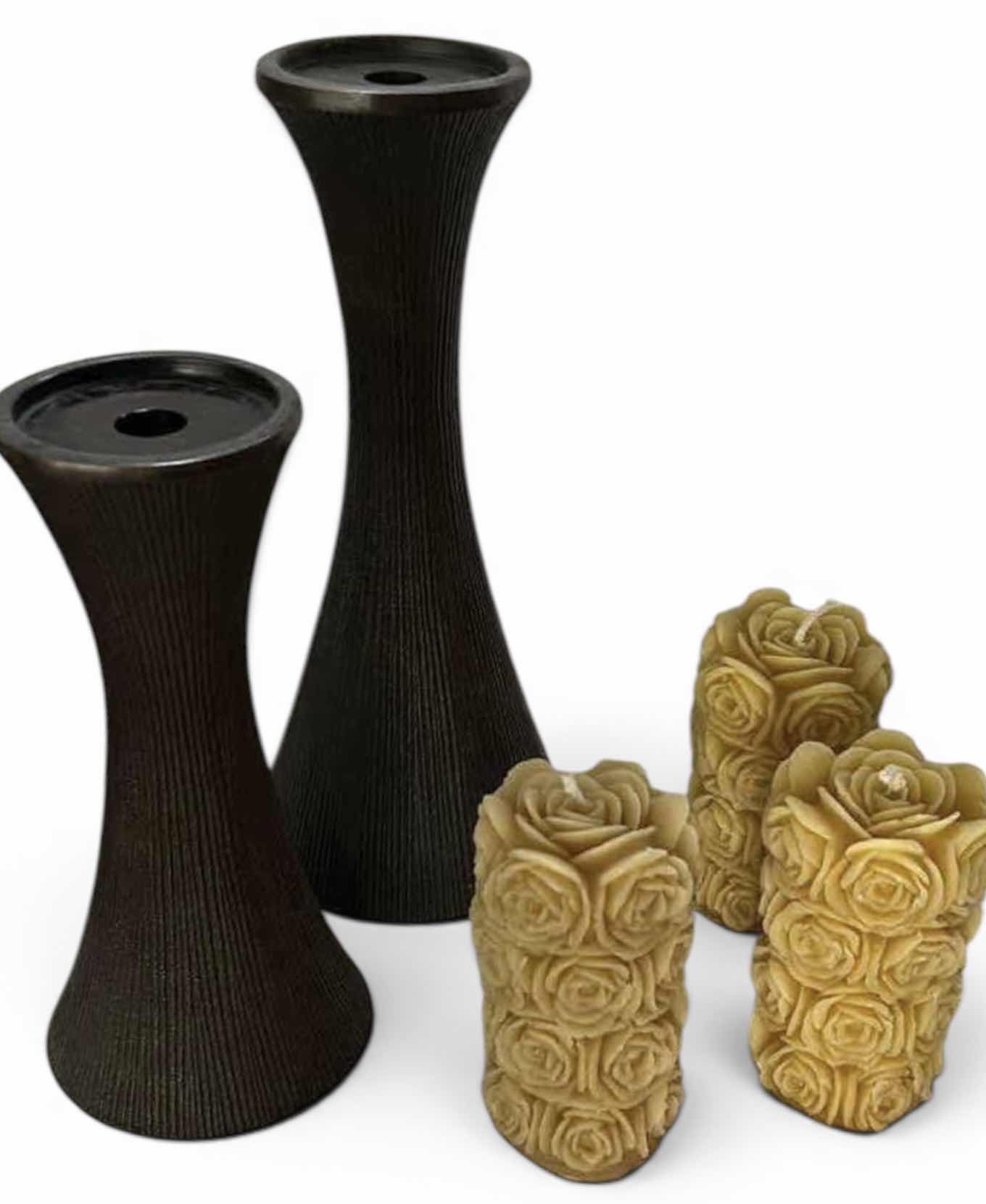 Photo 1 of 3 HAND-POURED 100% PURE BEESWAX CANDLES FEATURING A DETAILED ROSE PETAL DESIGN. AND 2 CERAMIC CANDLEHOLDERS (TALLEST H13”)