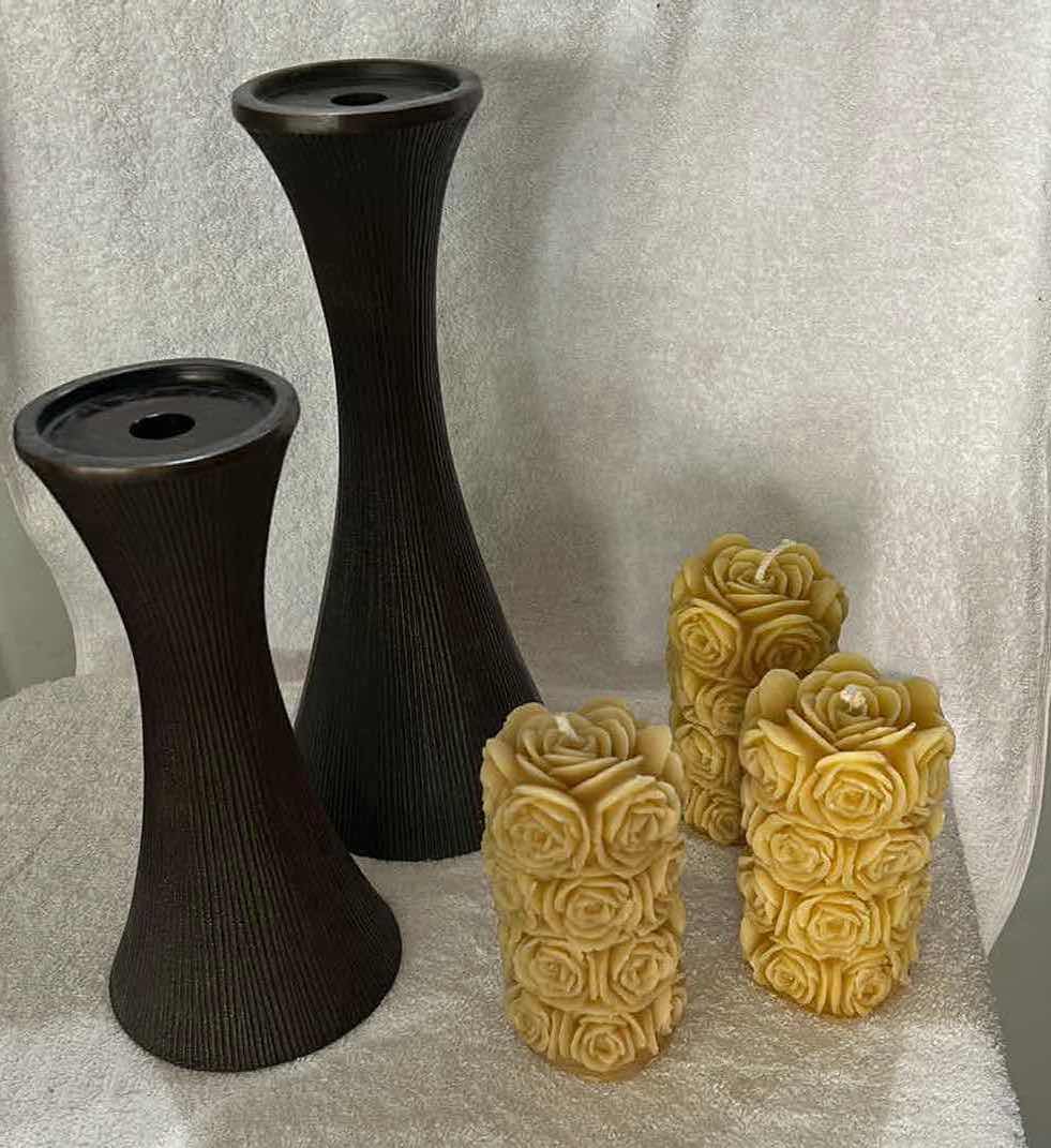 Photo 1 of 3 HAND-POURED 100% PURE BEESWAX CANDLES FEATURING A DETAILED ROSE PETAL DESIGN. AND 2 CERAMIC CANDLEHOLDERS (TALLEST H13”)