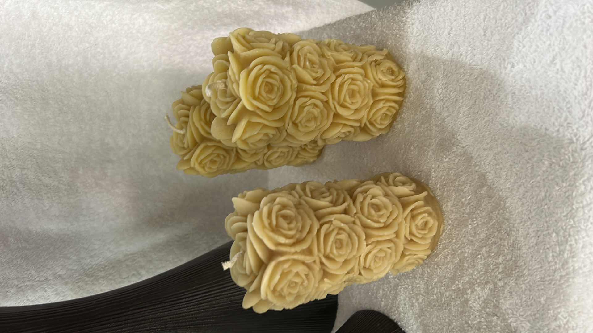 Photo 1 of 3 HAND-POURED 100% PURE BEESWAX CANDLES FEATURING A DETAILED ROSE PETAL DESIGN. AND 2 CERAMIC CANDLEHOLDERS (TALLEST H13”)