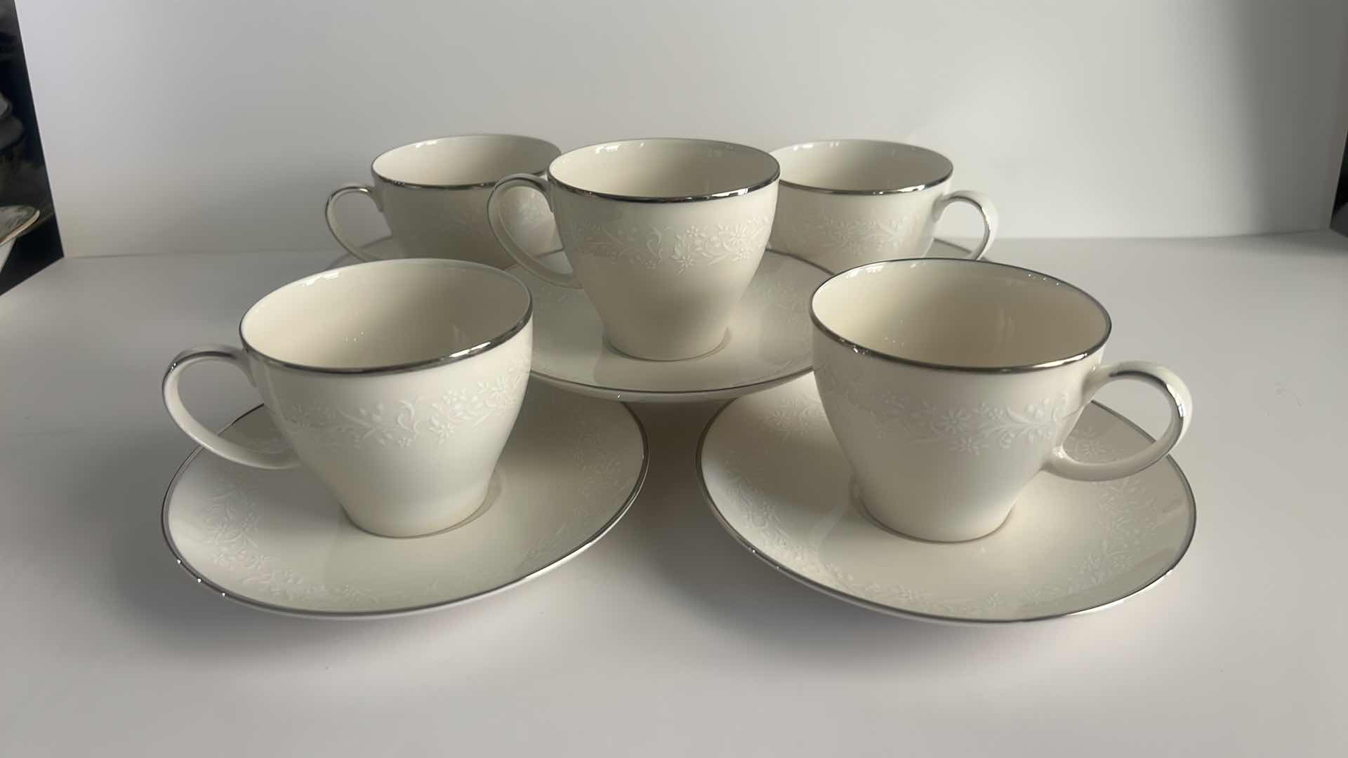 Photo 1 of 5 TEACUPS & SAUCERS, SILVER WHITE, FINE QUALITY CHINA 7964