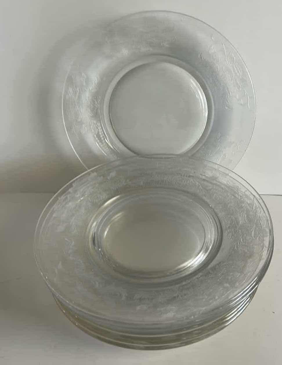 Photo 1 of VINTAGE TIFFIN FLANDERS CLEAR GLASS PLATES FEATURING A DISTINCTIVE FLORAL ETCHED PATTERN. 8.25”