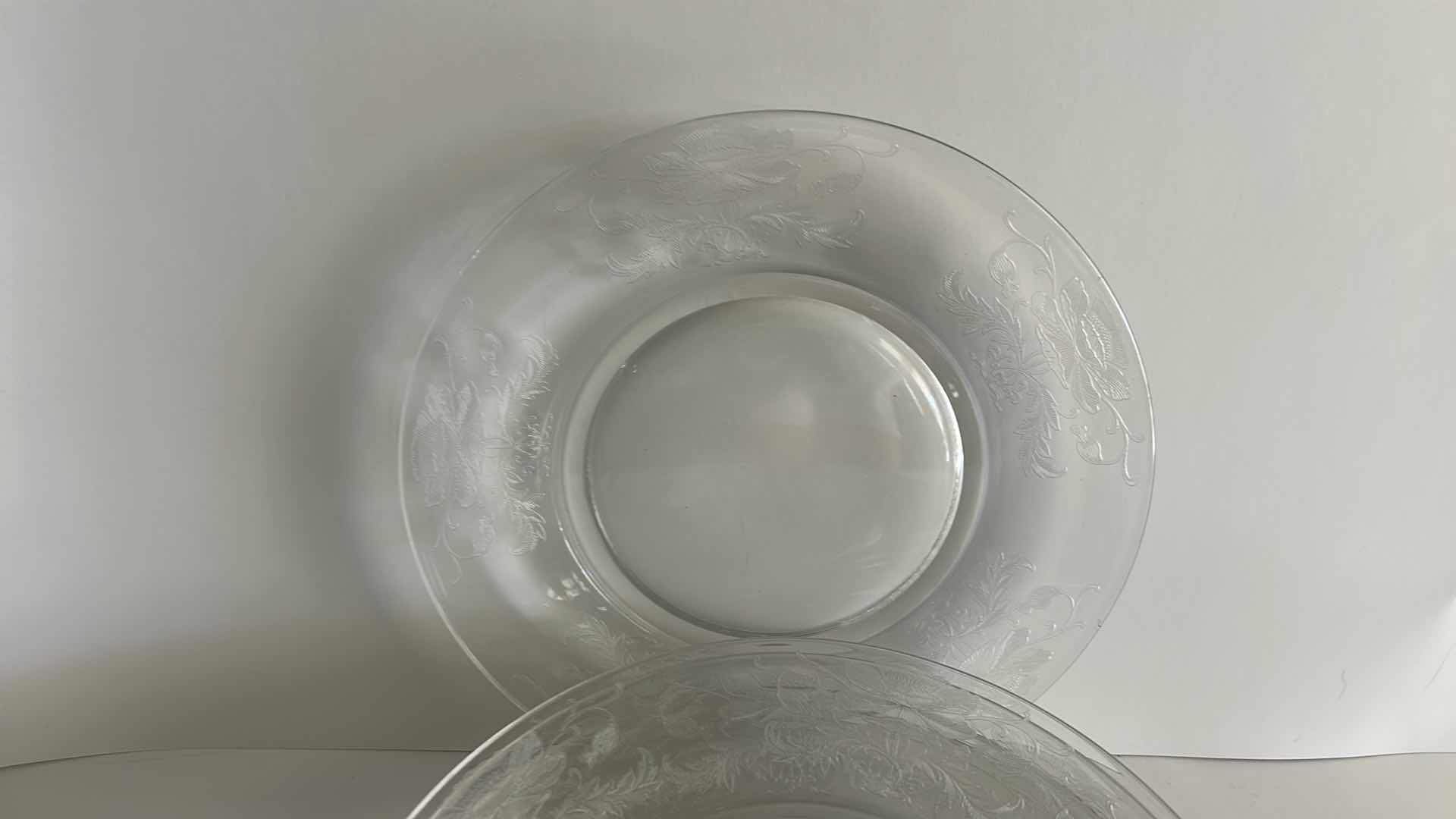 Photo 1 of VINTAGE TIFFIN FLANDERS CLEAR GLASS PLATES FEATURING A DISTINCTIVE FLORAL ETCHED PATTERN. 8.25”