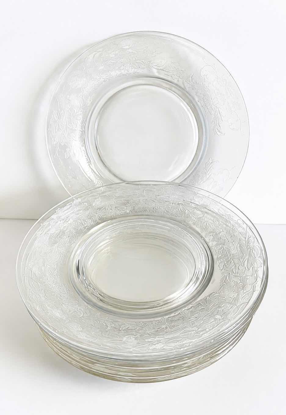 Photo 1 of VINTAGE TIFFIN FLANDERS CLEAR GLASS PLATES FEATURING A DISTINCTIVE FLORAL ETCHED PATTERN. 8.25”