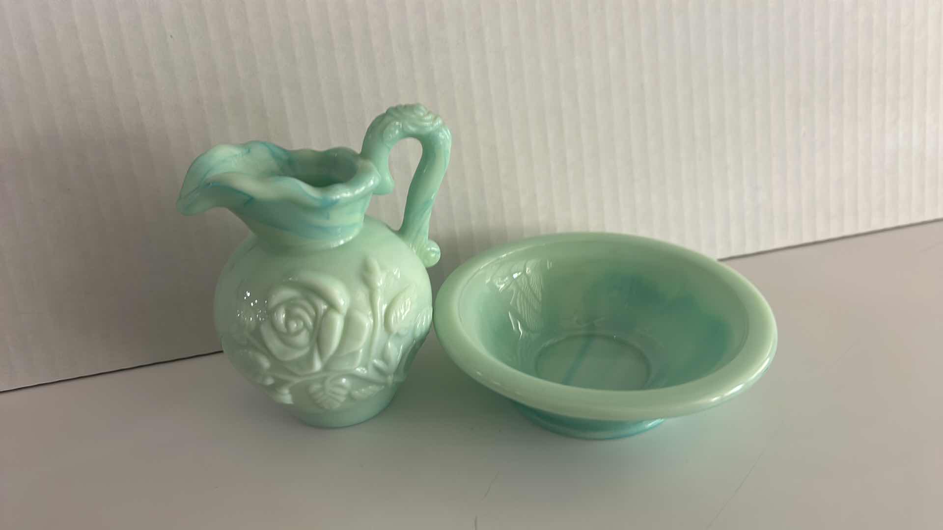 Photo 1 of AVON JADEITE GREEN SLAG GLASS PITCHER AND WASH BASIN SET H4.5”
