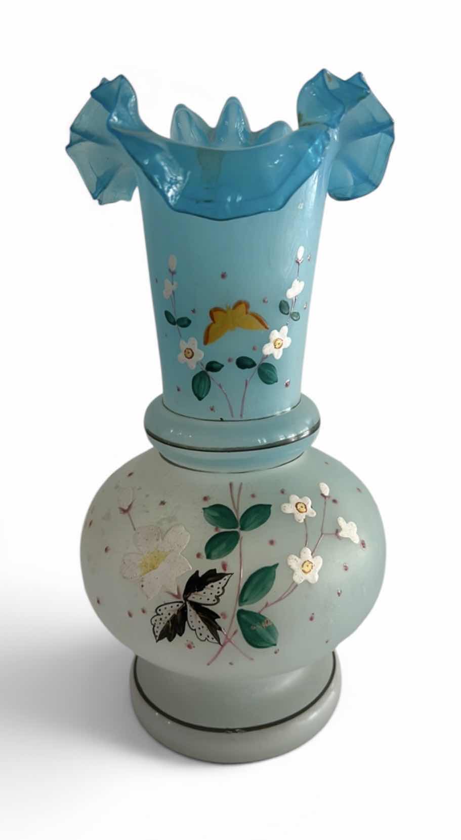 Photo 1 of VINTAGE BRISTOL GLASS VASE FEATURING A HAND-PAINTED BUTTERFLY & FLORAL ENAMEL DESIGN W A BLUE RUFFLED RIM H10.25”