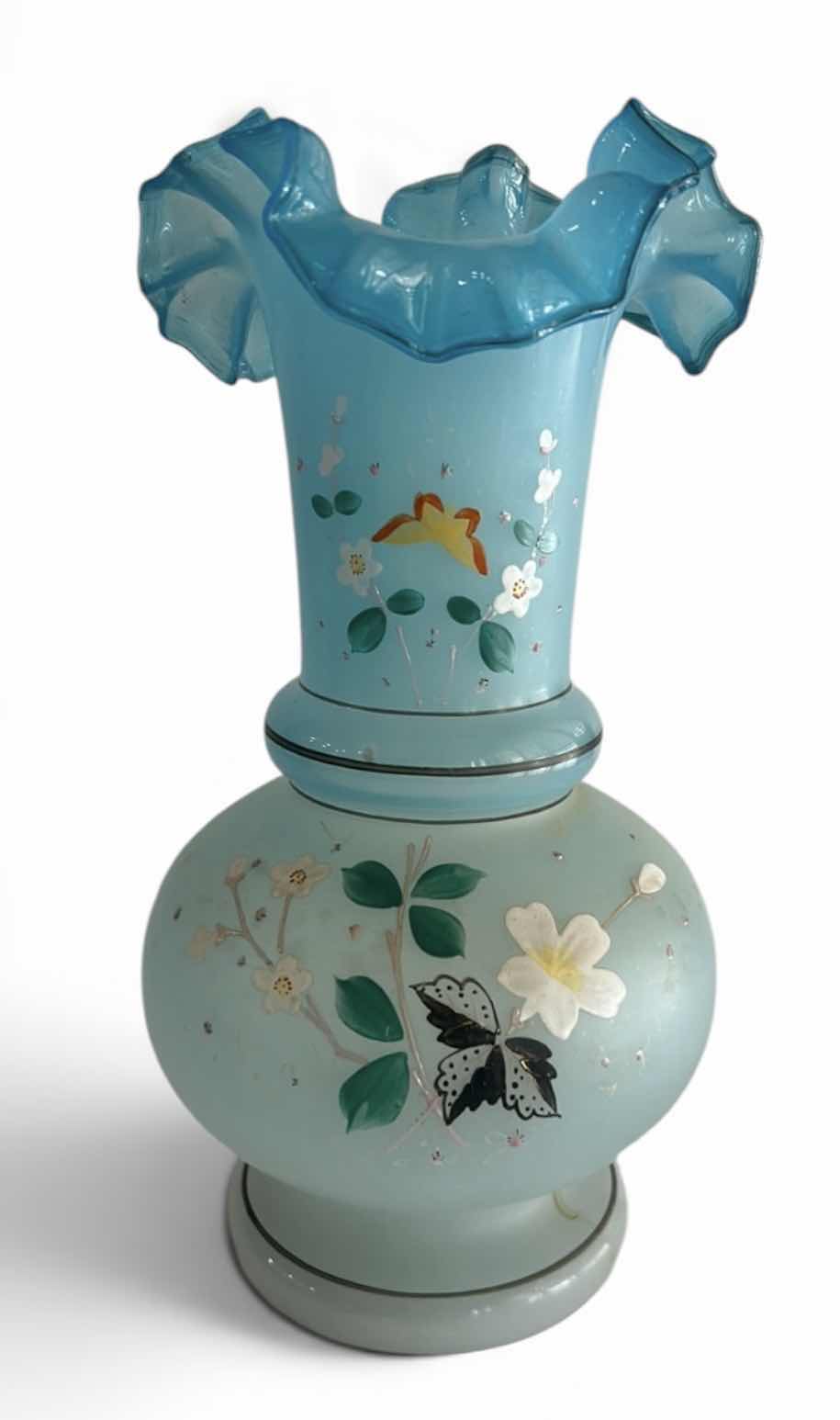 Photo 1 of VINTAGE BRISTOL GLASS VASE FEATURING A HAND-PAINTED BUTTERFLY & FLORAL ENAMEL DESIGN W A BLUE RUFFLED RIM H10.25