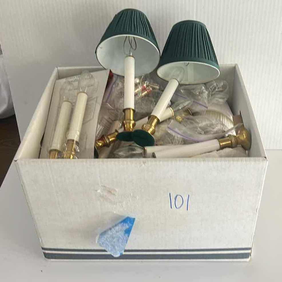 Photo 1 of BOX FULL OF BATTERY CANDLES, SMALL PLEATED SHADES FOR CANDLES, BULBS - BATTERIES