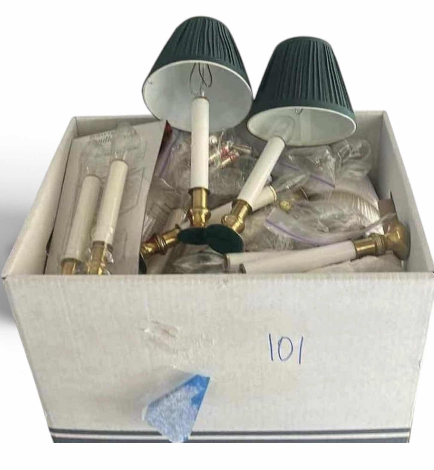 Photo 1 of BOX FULL OF BATTERY CANDLES, SMALL PLEATED SHADES FOR CANDLES, BULBS - BATTERIES