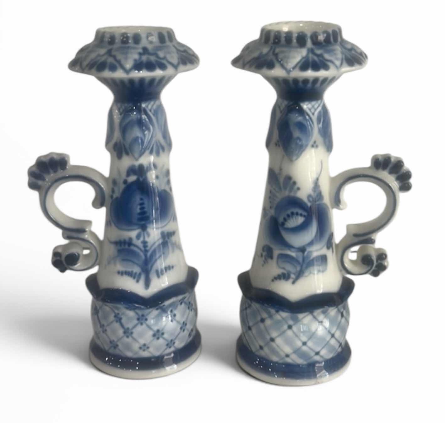 Photo 1 of VINTAGE AUTHENTIC RUSSIAN GZHEL PORCELAIN CANDLESTICKS SET, SIGNED BY A. POPOV H 6"