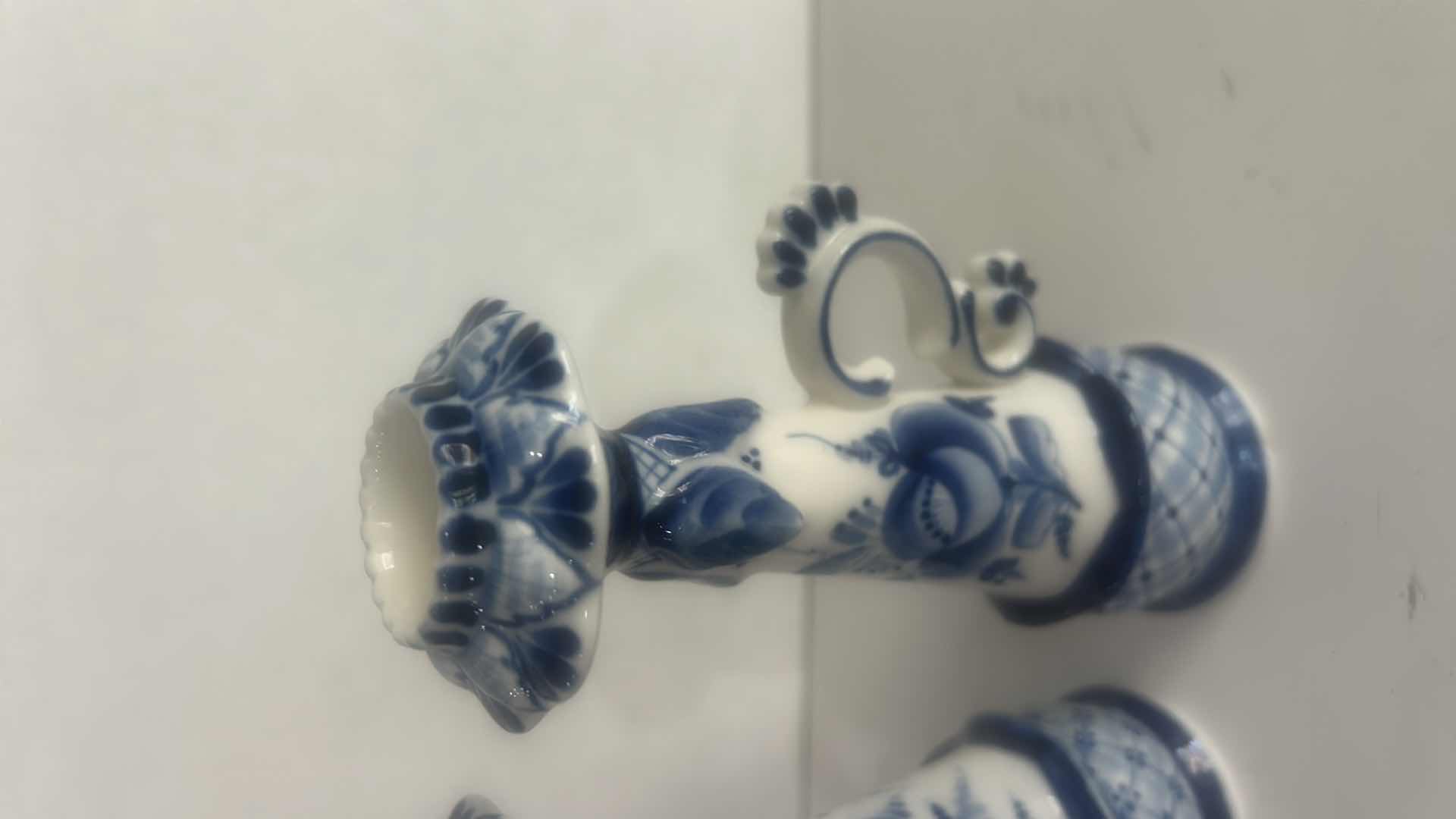 Photo 1 of VINTAGE AUTHENTIC RUSSIAN GZHEL PORCELAIN CANDLESTICKS SET, SIGNED BY A. POPOV H 6"