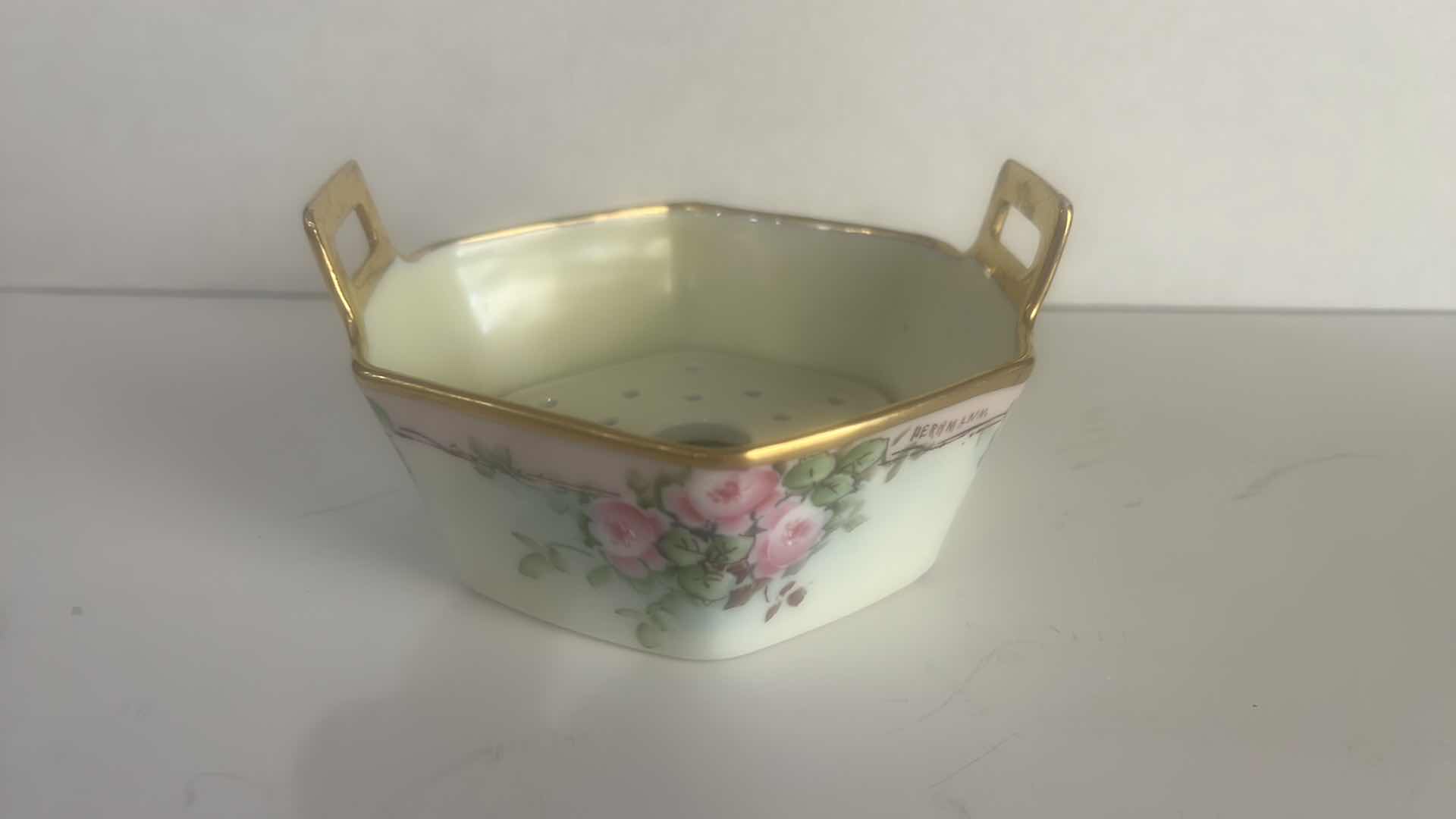 Photo 1 of NIPPON HAND-PAINTED PORCELAIN BOWL PINK ROSE FLORAL MOTIF GOLD-GILDED HANDLES, PORCELAIN FLOWER ROSE CANDLES. 5 1/2“ X H3“