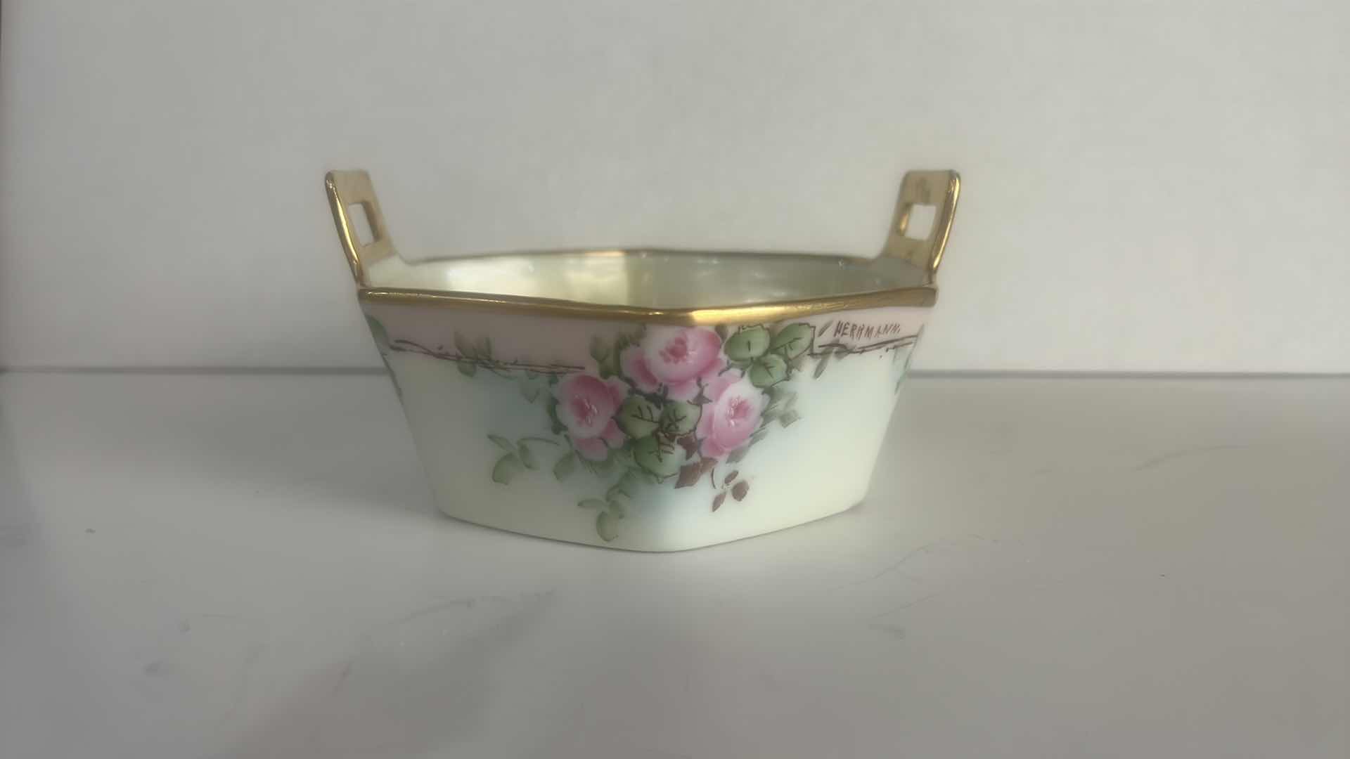 Photo 1 of NIPPON HAND-PAINTED PORCELAIN BOWL PINK ROSE FLORAL MOTIF GOLD-GILDED HANDLES, PORCELAIN FLOWER ROSE CANDLES. 5 1/2“ X H3“