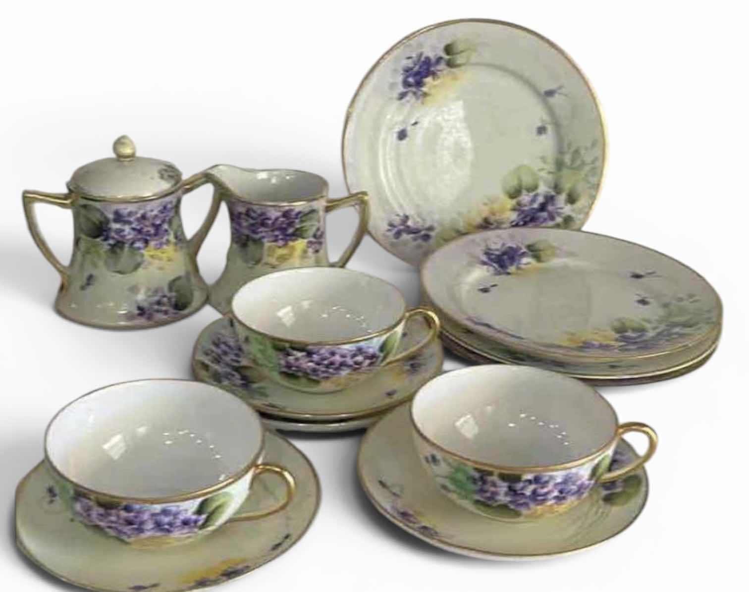 Photo 1 of 13 PC - VINTAGE TE-OH NIPPON HAND-PAINTED PORCELAIN TEA & DESSERT SERVICE SET FEATURING A PURPLE VIOLETS PATTERN